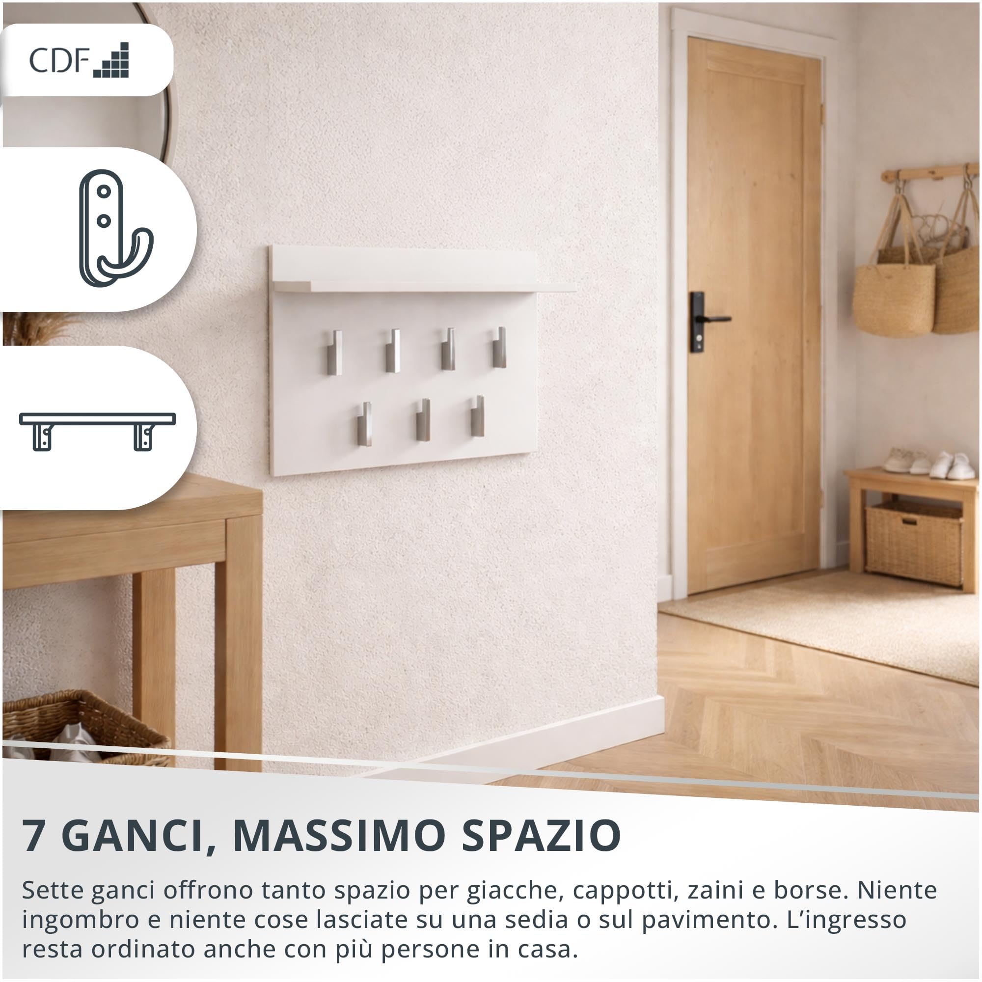 CDF Appendiabiti a Parete con Mensola Pannello Guardaroba da Muro con 7 Ganci per Ingresso Corridoio Ufficio Design Moderno Salvaspazio 70 x 20 x 40 cm - Bianco
