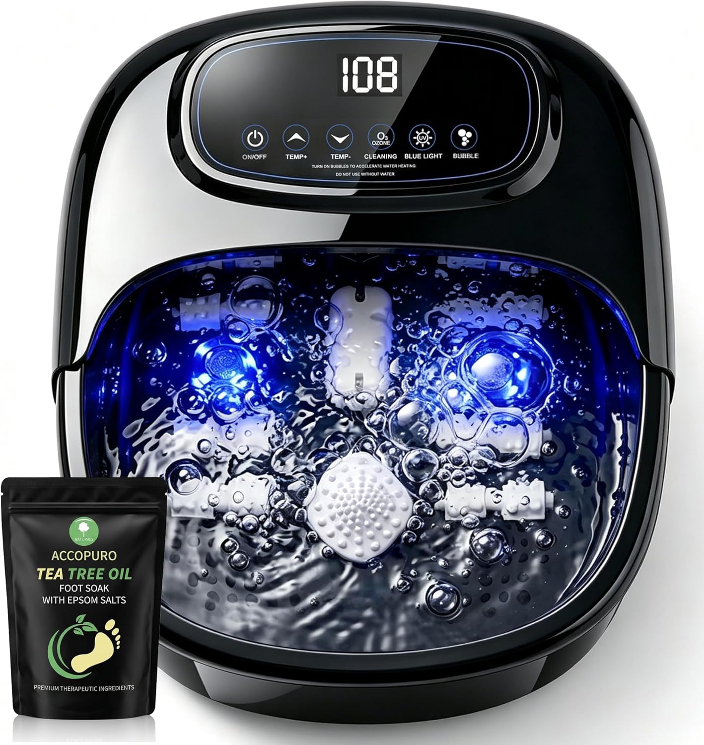 Foot Soaking Tub with Ozone UV, Foot Spa Bath Massager with Heat and Bubbles, Custom Temp Control, Pressure Rollers for Tired Feet, Gift Set for Parents Couples (Black)