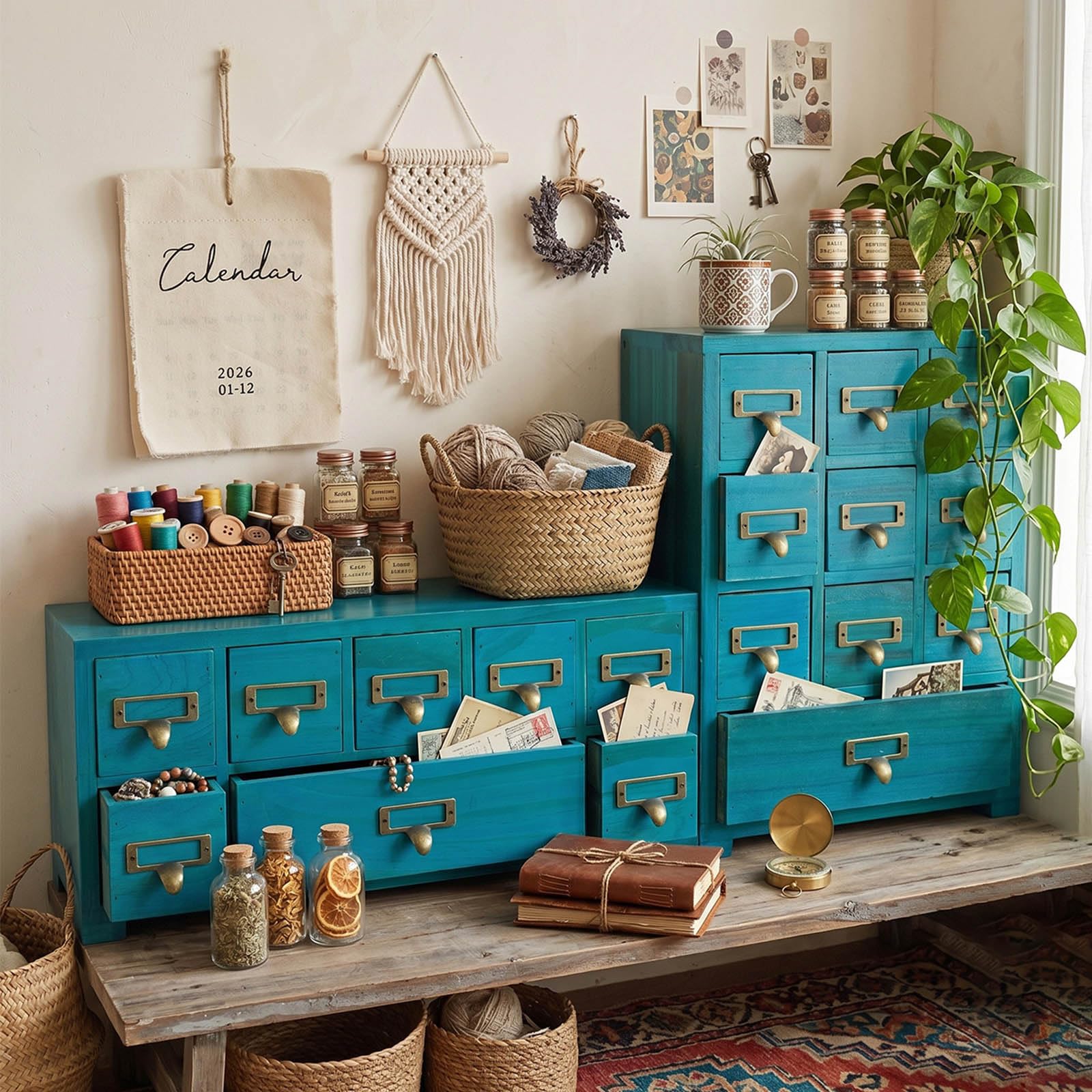 Organizer da scrivania in legno con 7 cassetti, realizzato a mano, per cancelleria, cosmetici e forniture per ufficio, piccoli oggetti