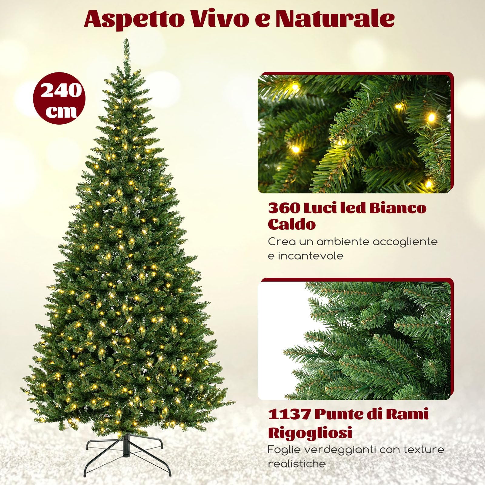RELAX4LIFE Albero di Natale 240cm, Mezzo Albero da Parete con 360 Luci LED Incorporate, Albero di Natale Angolare da Muro, Decorazione Natalizia per Casa