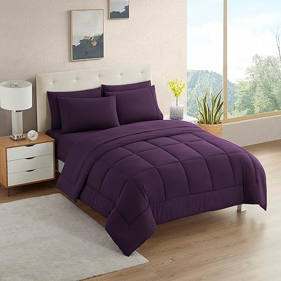 California King Comforter Set - Soft & Breathable 7-Piece Bedding Collection - 1 Comforter, 1 Fitted Sheet, 1 Flat, 4 Pillowcases - Deep Pocket - Premium Quality - Ideal for All Seasons, Purple