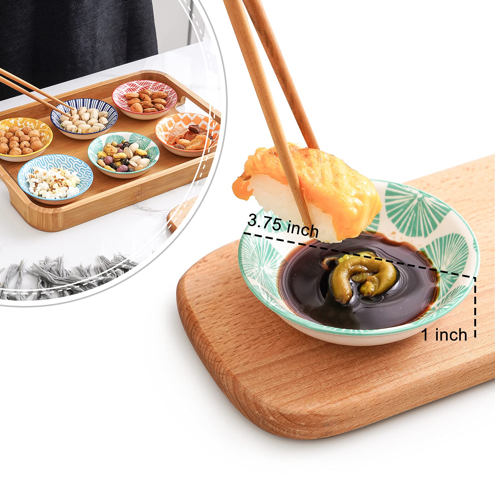 KitchenTour - Juego de 6 cuencos redondos para salsa, condimentos, sushi, aperitivo, postre, diseño único