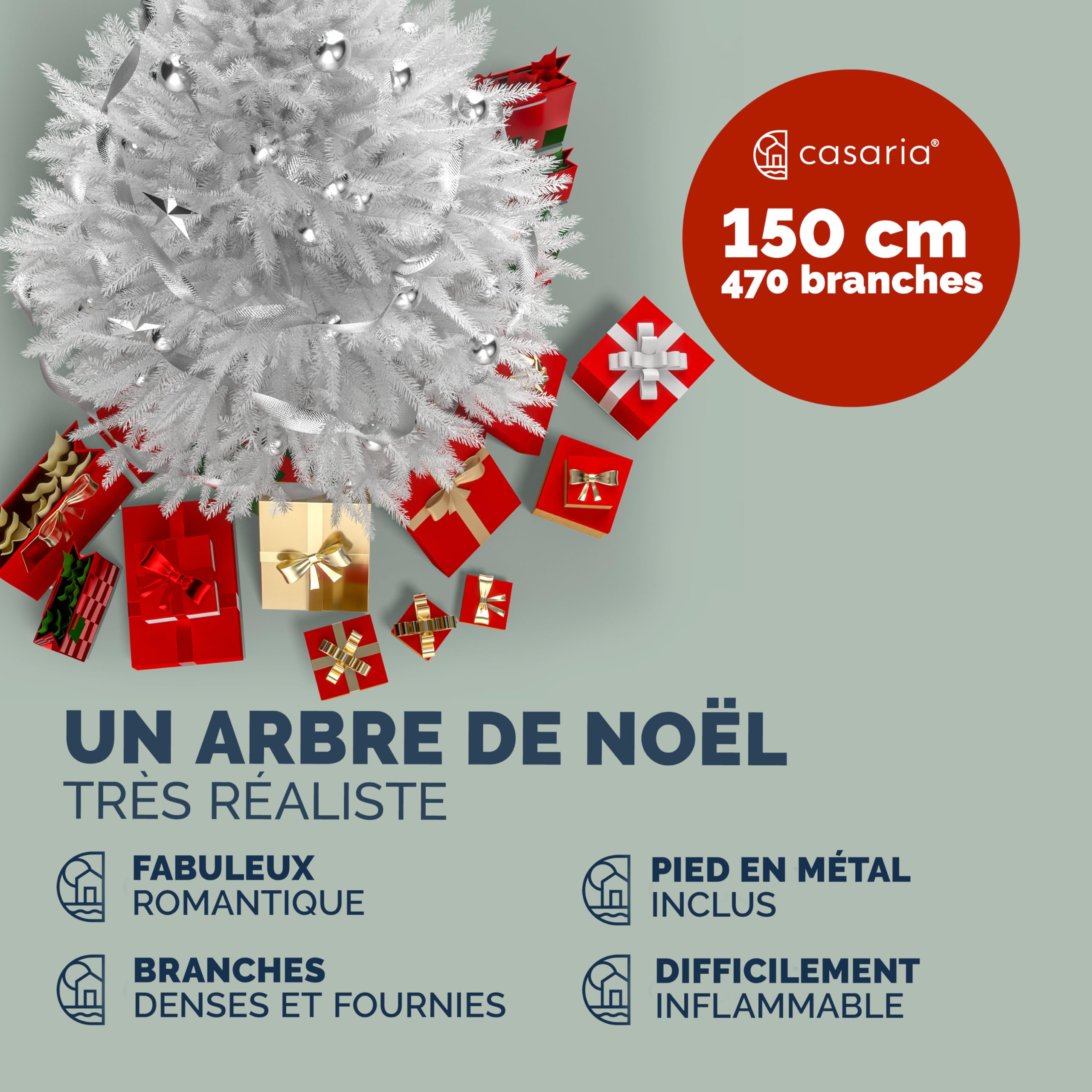 CASARIA Sapin De Noël Artificiel Premium 150cm - Arbre Densité Élevée Branches PE/PVC, Support Bois Naturel