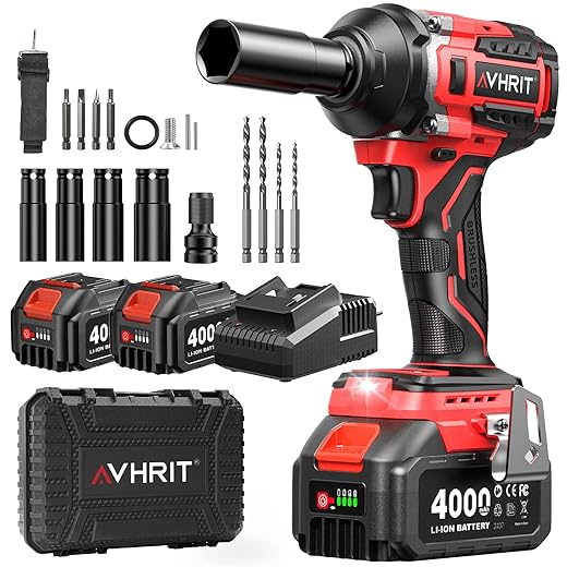 Clé à Chocs Sans Fil Brushless avec 2x 4.0 Ah Batteries, 700N.m/Ft-lbs Boulonneuse à Choc Electrique, 21V Visseuse à Chocs avec 4 Douilles à Chocs, Compatible avec Makita 18V