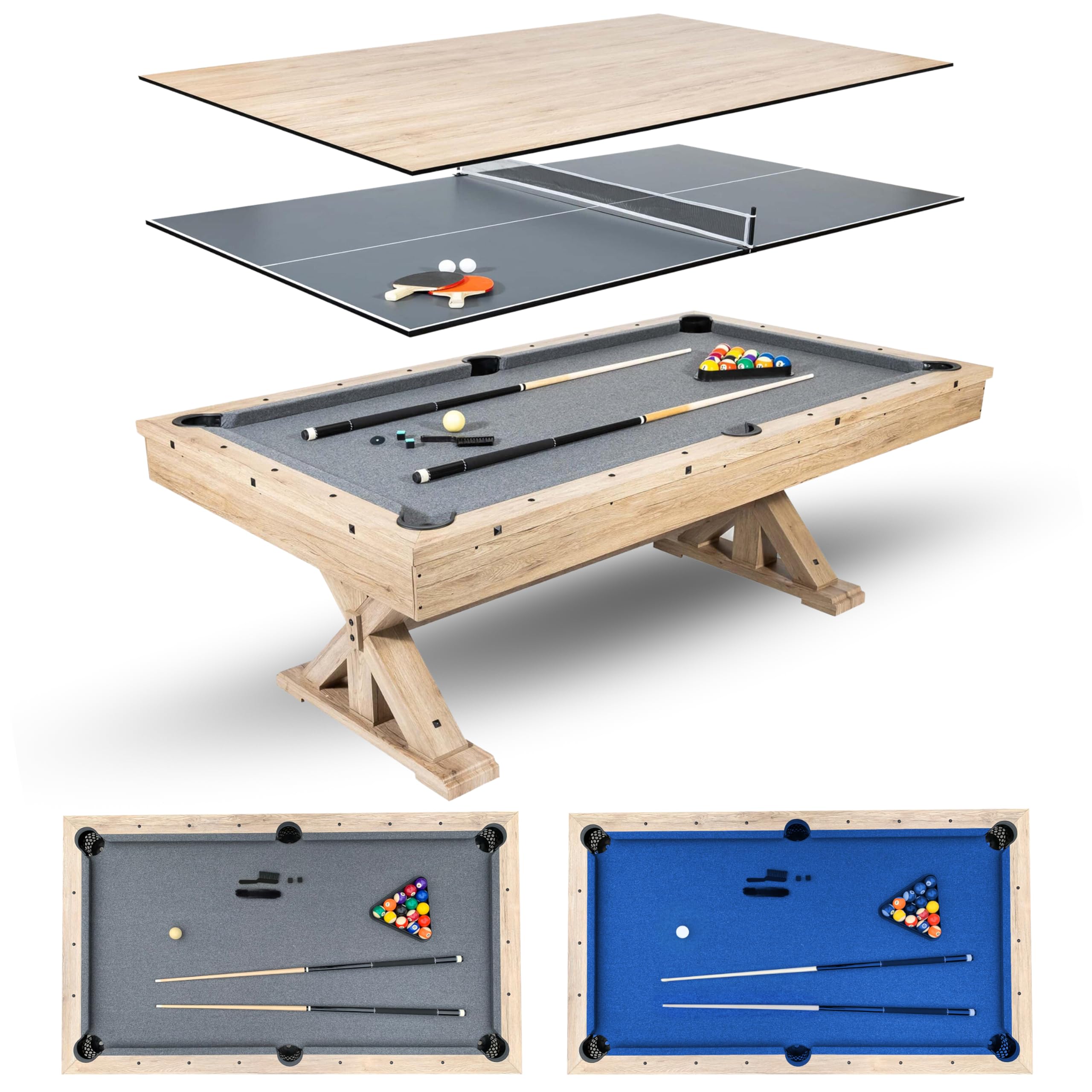 7 FT 3 in 1 Multi Game Pool Table with Dining Top Ping Pong Table Combo, Includes Pool Table Accessories and Tennis Paddles. Dust Cover Included. (Rustic Oak with Grey Felt)