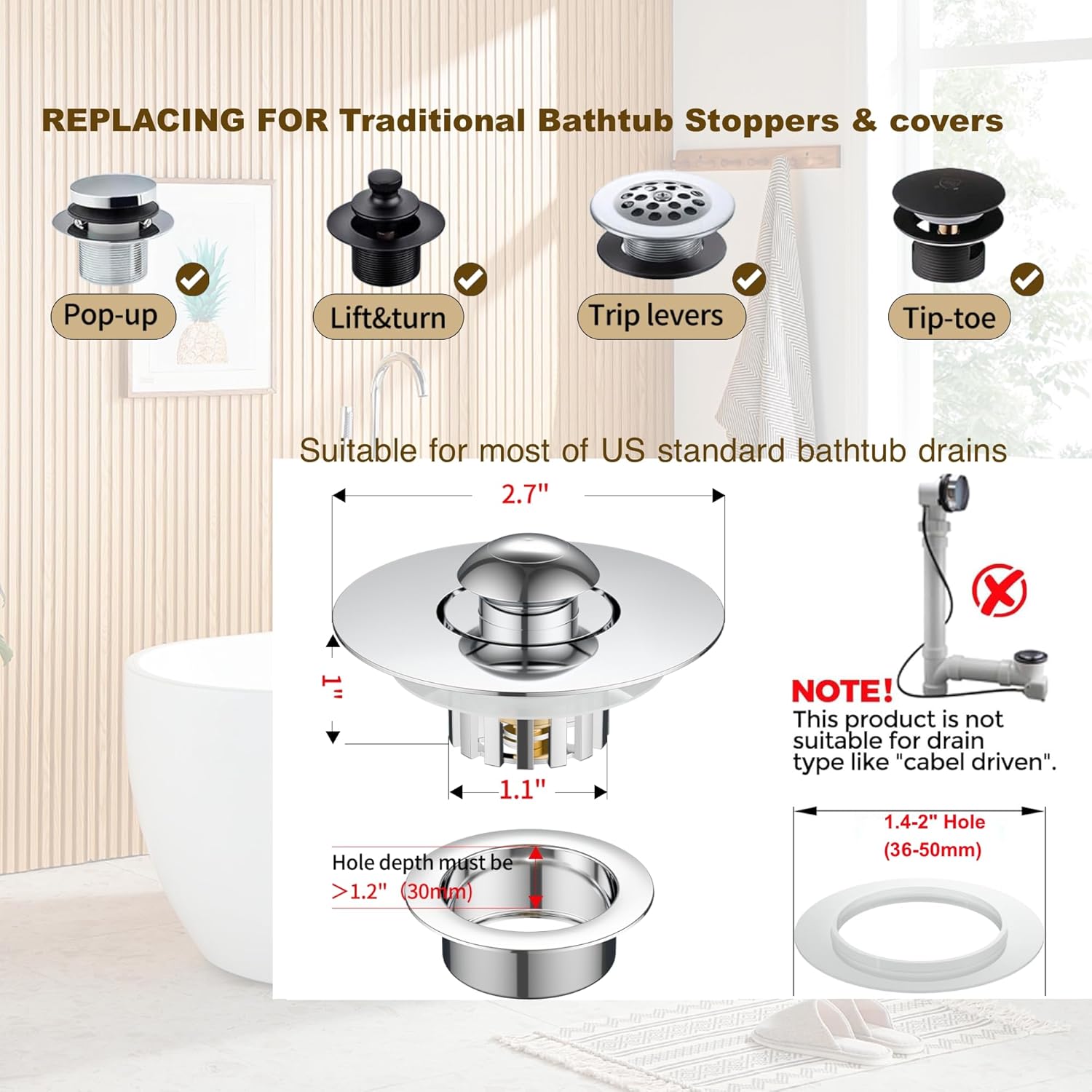 Kitchen Sink Drain Strainer 3 in 1, 304 Stainless Steel Pop Up Sink Stopper, Anti-Clogging Drain Stopper, Strainers for Kitchen, Drain Cover & Kitchen Accessories for US Standard Sink (Shiny Chrome) - Image 3