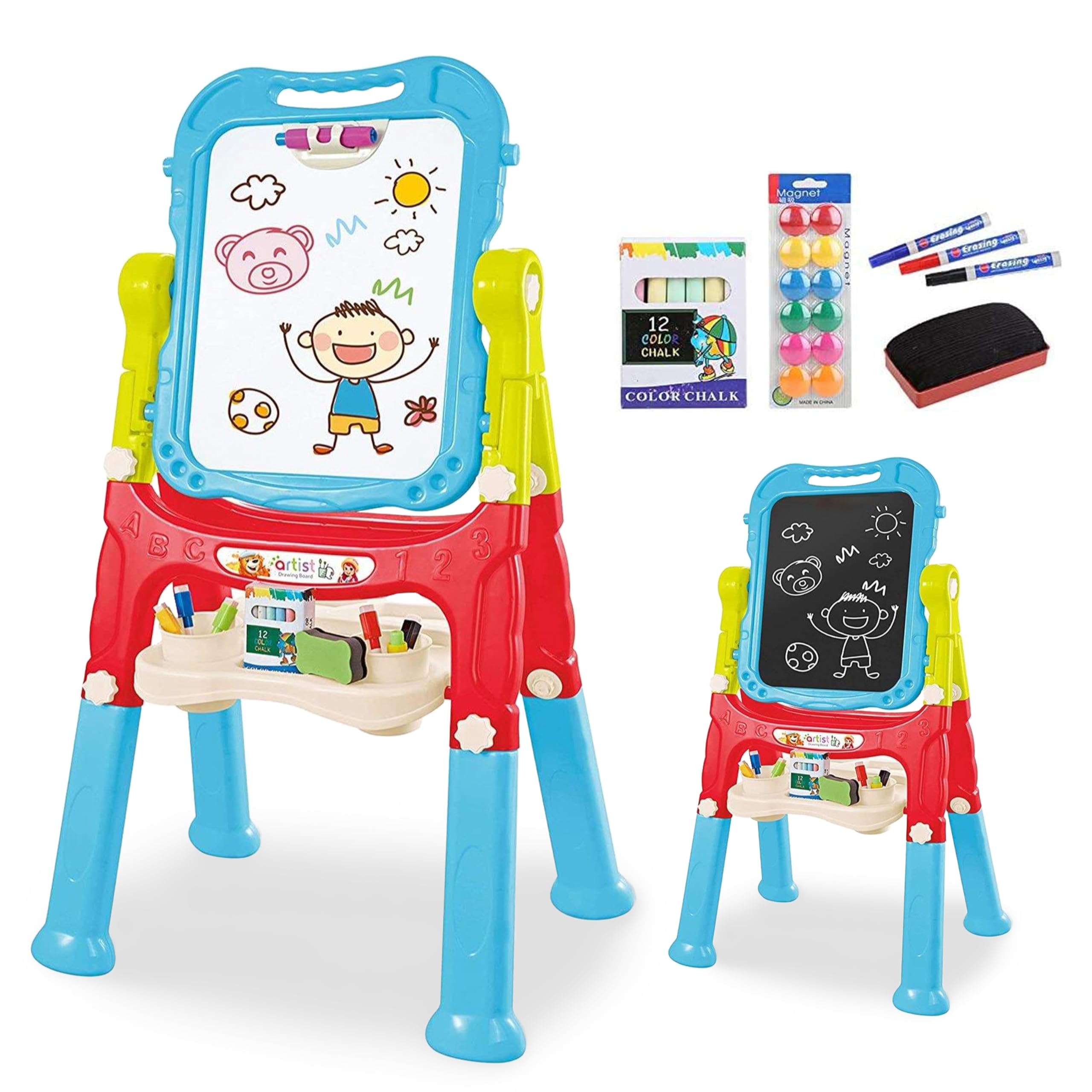 The Magic Toy Shop Kids Folding Double-Sided Magnetic Easel - 360° Rotating & Removable Drawing Board with Blackboard & Whiteboard - Magnets, Chalks, Markers, Stand - Art, Painting, & Writing (Blue)