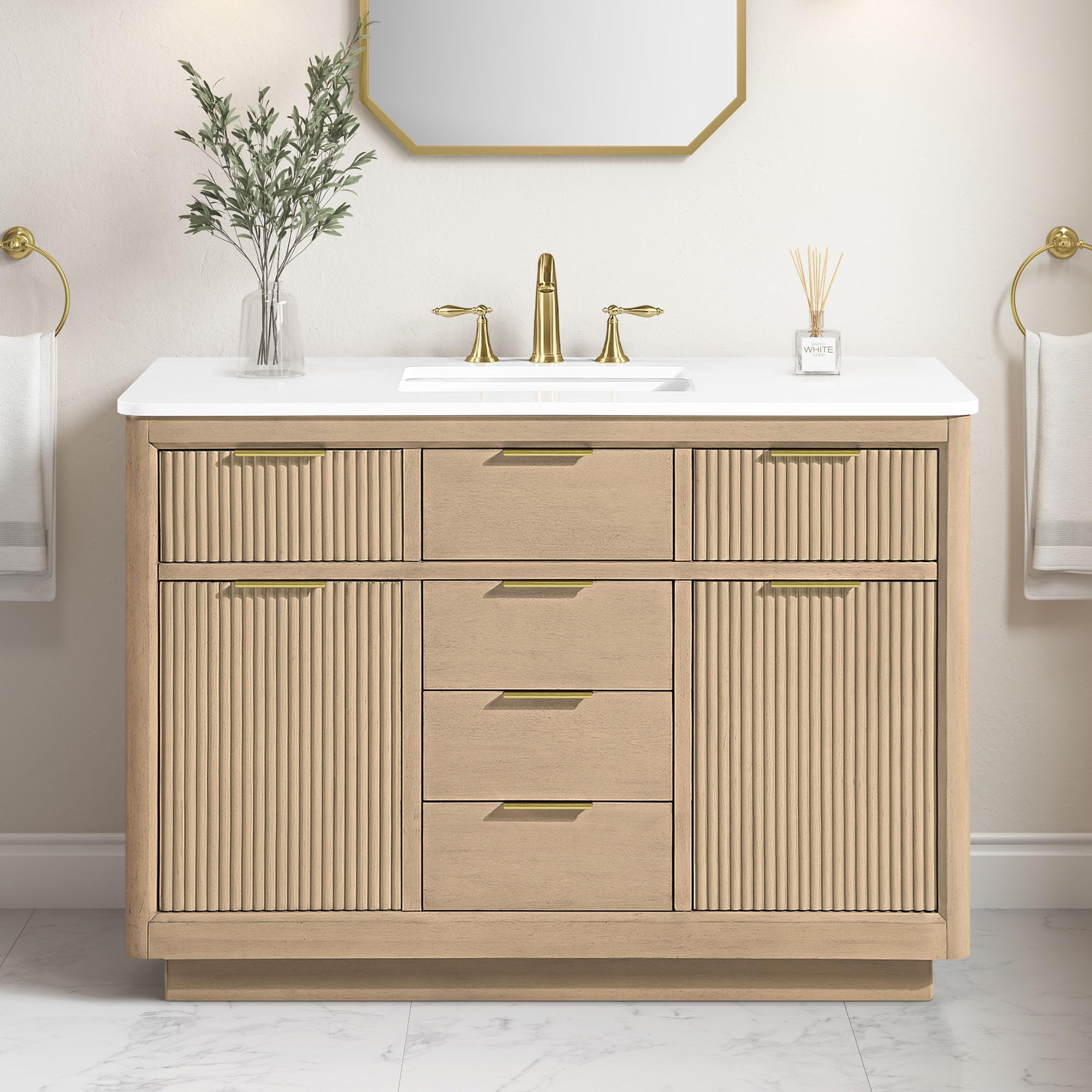 OVE Decors Xander 48" Sahara Birch Bathroom Vanity, Brushed Gold Hardware