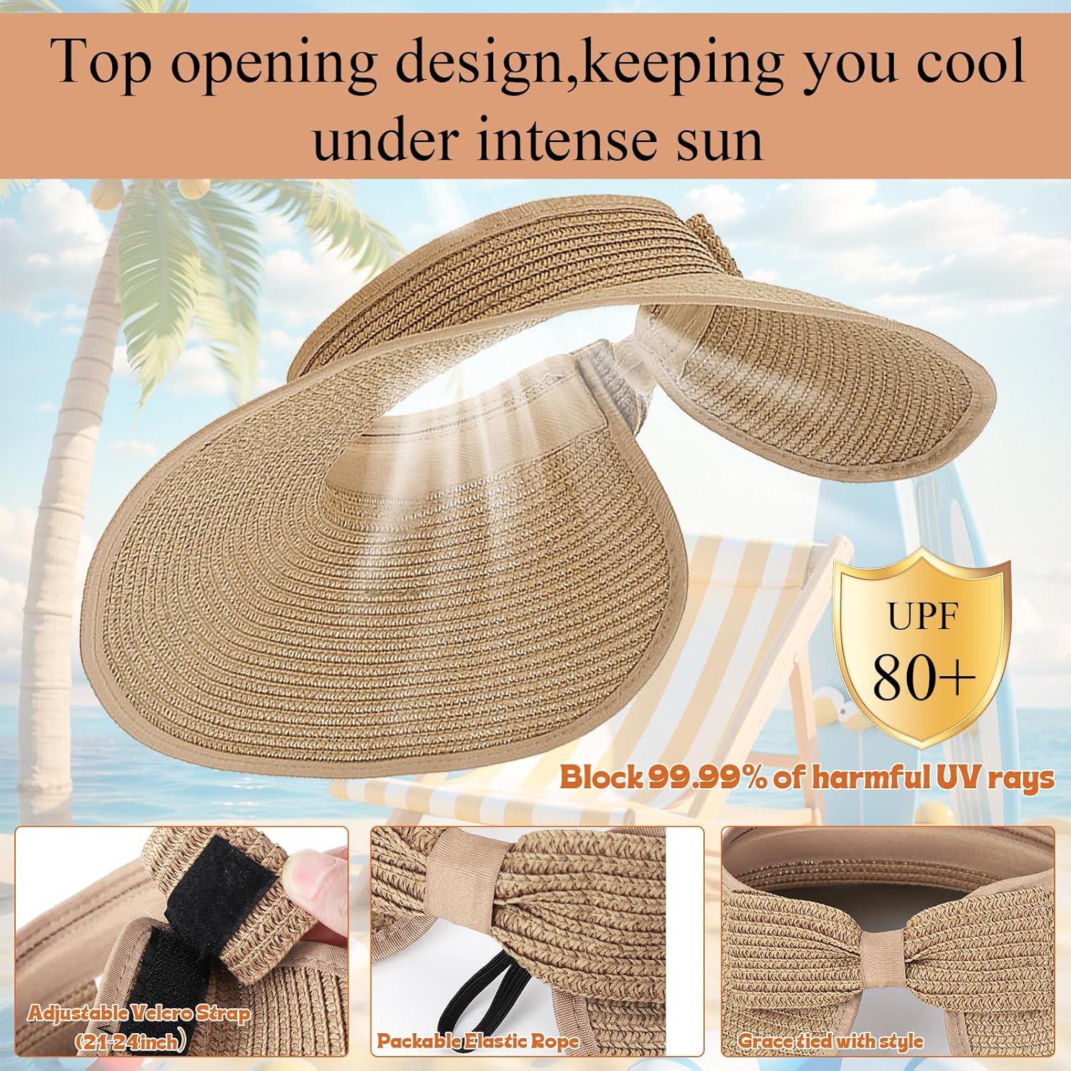 Foldable Straw Sun Visor Hats for Women Wide Brim Summer Beach Hat Packable Ponytail Visors Adjustable Sun Protection