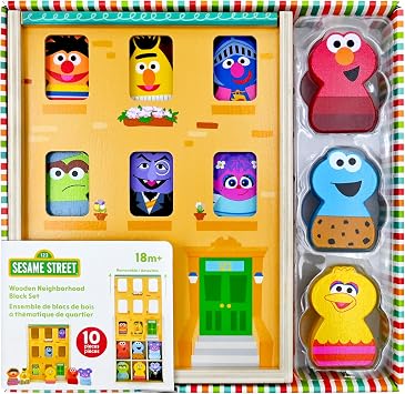 Kids Preferred Sesame Street Wooden Neighborhood Block Set with Storage Case, Toddler Sorting and Matching Blocks