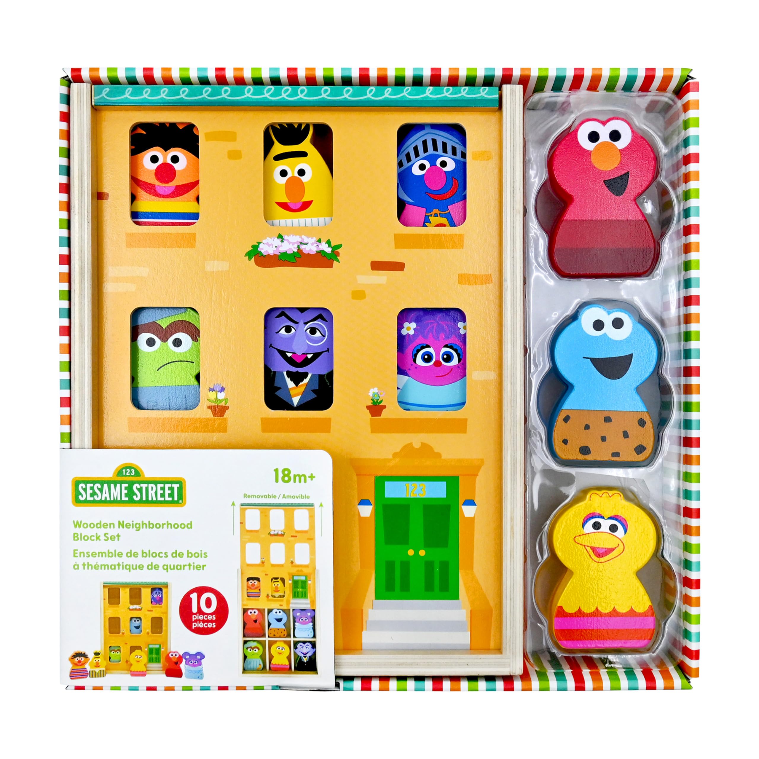 Kids Preferred 123 Sesame Street Woodden Neighborhood Block Set with Storage Case, Toddler Sorting and Matching Blocks