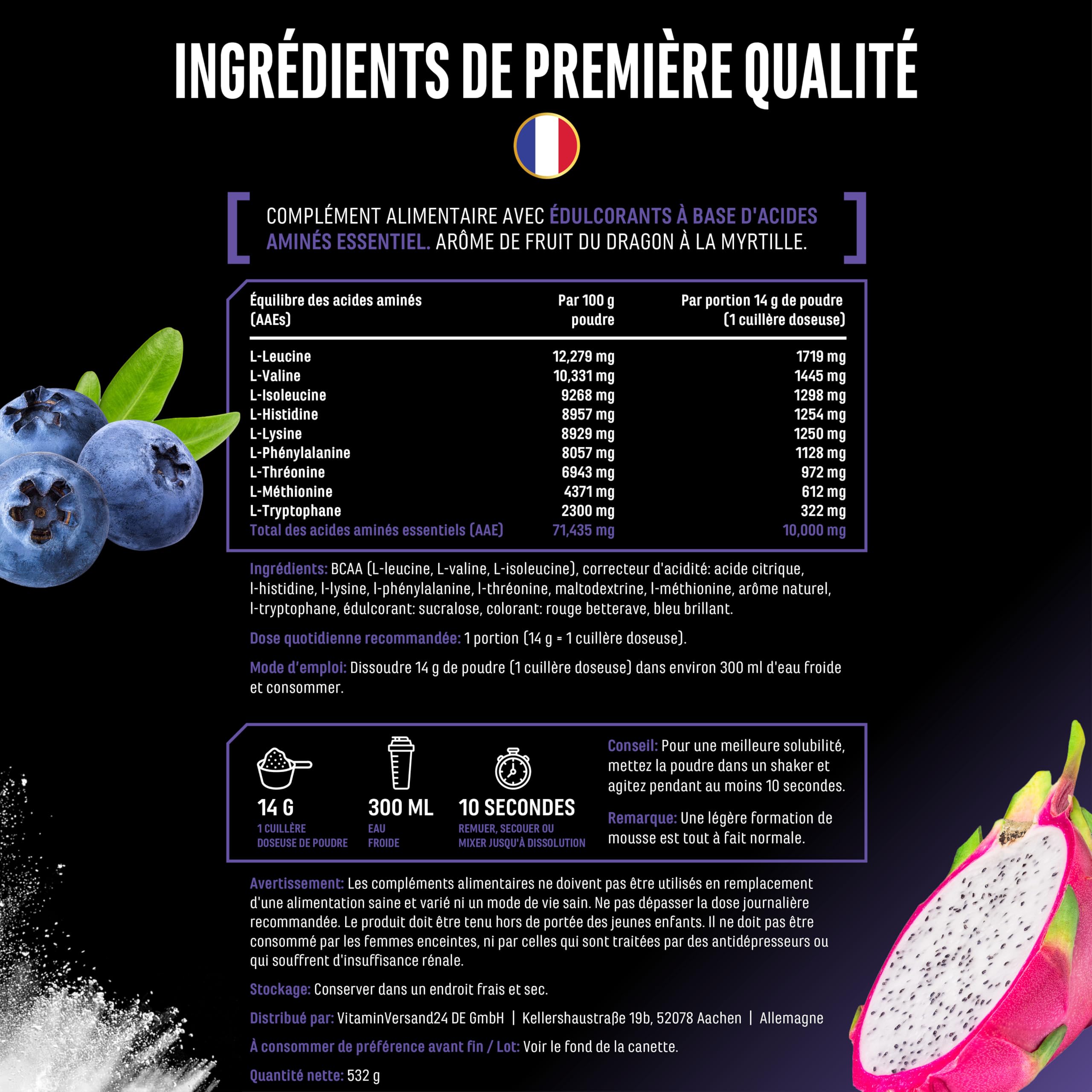 Poudre d’EAA 532 g (38 portions) - Les 9 acides aminés essentiels incl. histidine & BCAA - Formule Human Code - Très bonne solubilité - Boisson d’acides aminés rafraîchissante (Blueberry Dragonfruit)