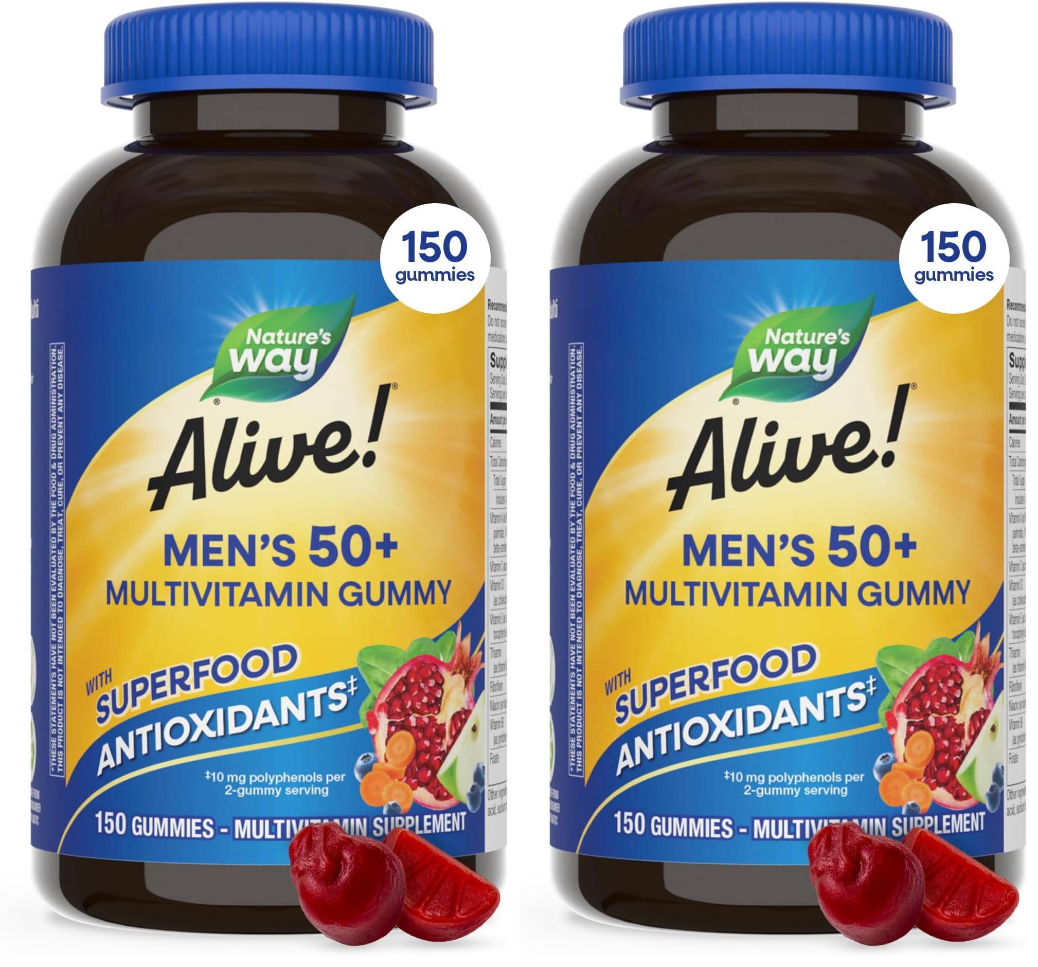 Nature's Way Alive! Men’s 50+ Daily Gummy Multivitamins, Supports Healthy Brain, Eyes, Heart*, B-Vitamins, Gluten-Free, Fruit Flavored, 150 Gummies (Packaging May Vary), (Pack of 2) 150 Count (Pack of 2)