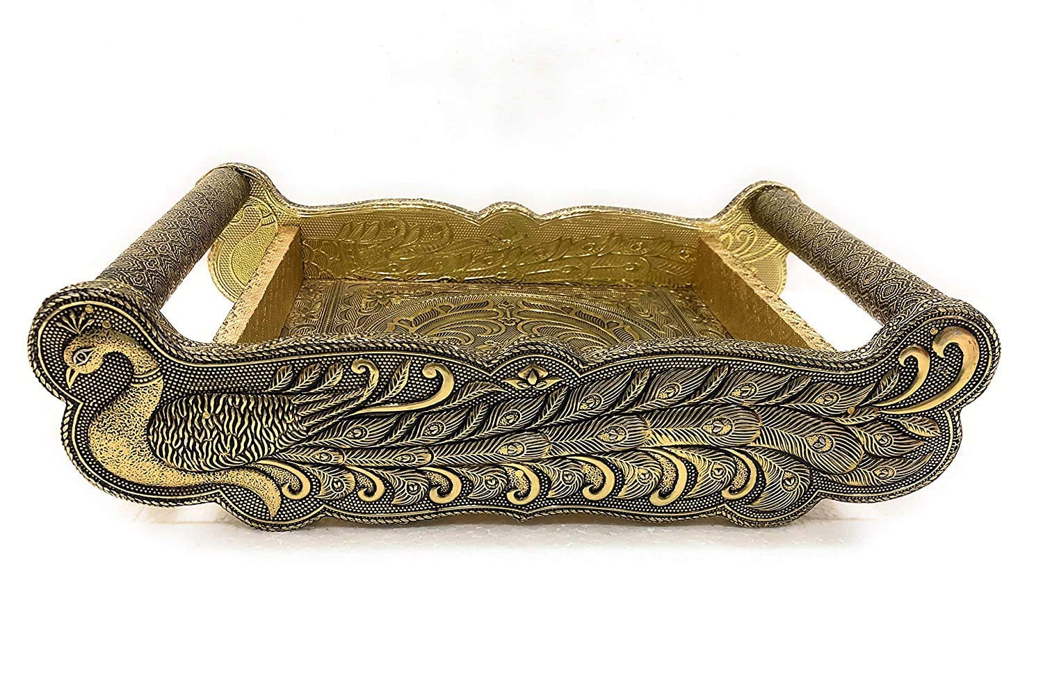 Indian Collectible - Juego de 6 bandejas de madera oxidadas para servir y 6 bandejas de cristal, de Handicraft Rajwadi Meenakari