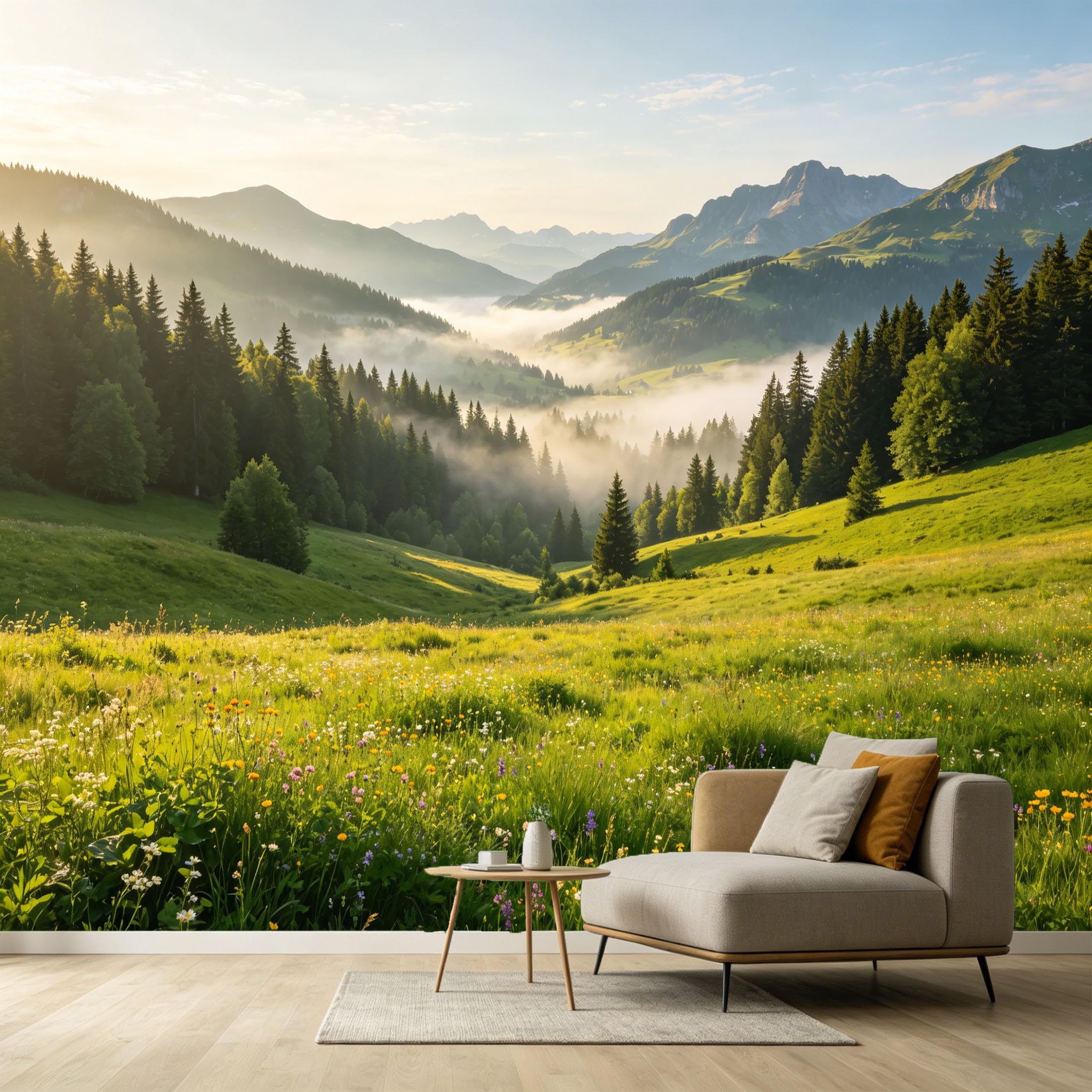 Custom Size Wall Murals Misty Mountain Forest Landscape Alpine Meadow Sunrise View SelfAdhesive Wall Fabric Removable Large Wallpaper for Photo Living Room