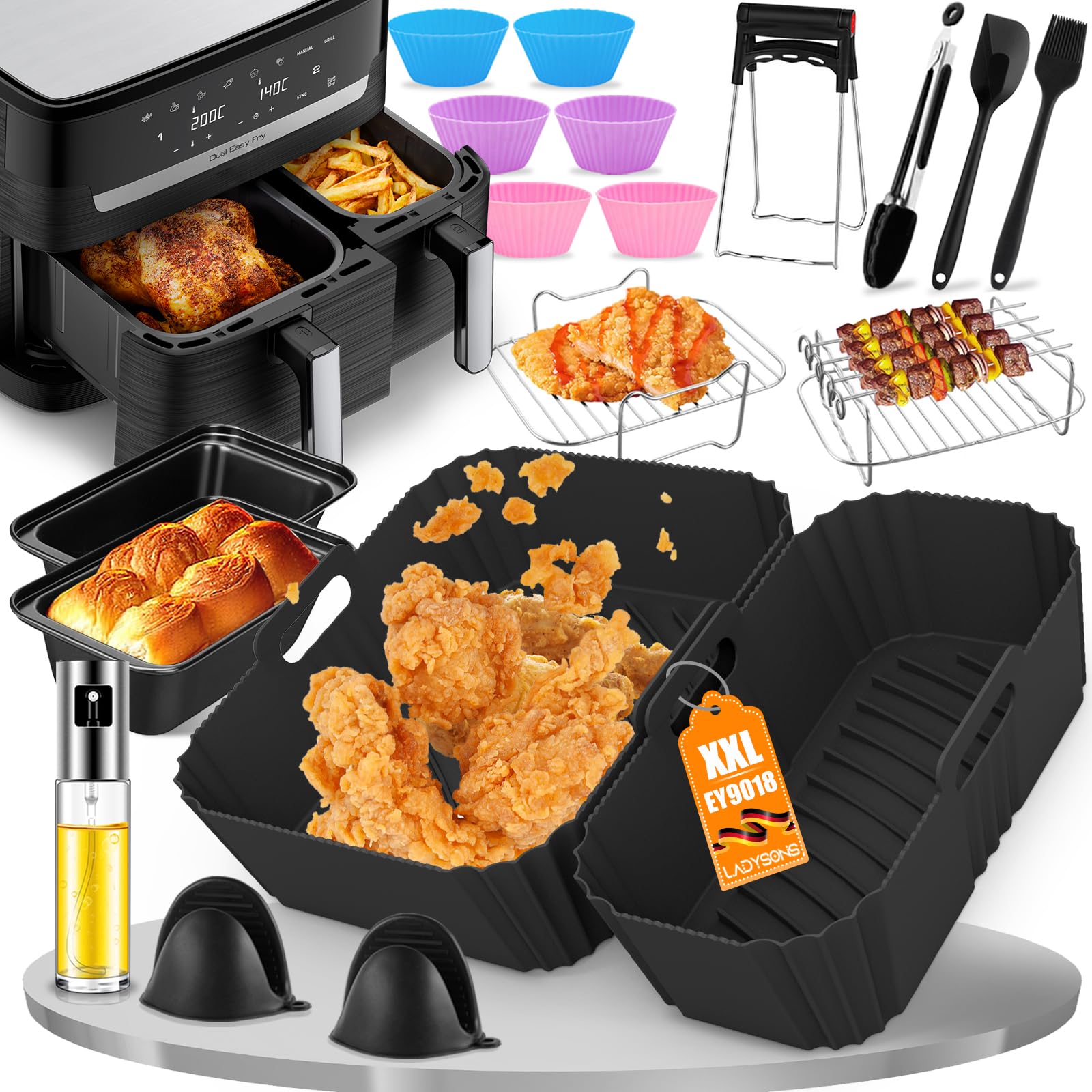 Heissluftfritteuse Zubehör für Tefal EY9018 Dual Easy Fry 5,2/3,1L - Airfryer Zubehör Einschließlich Silikonform, Grillrost, Brotbackformen, Küchenzange, Ölspray, usw