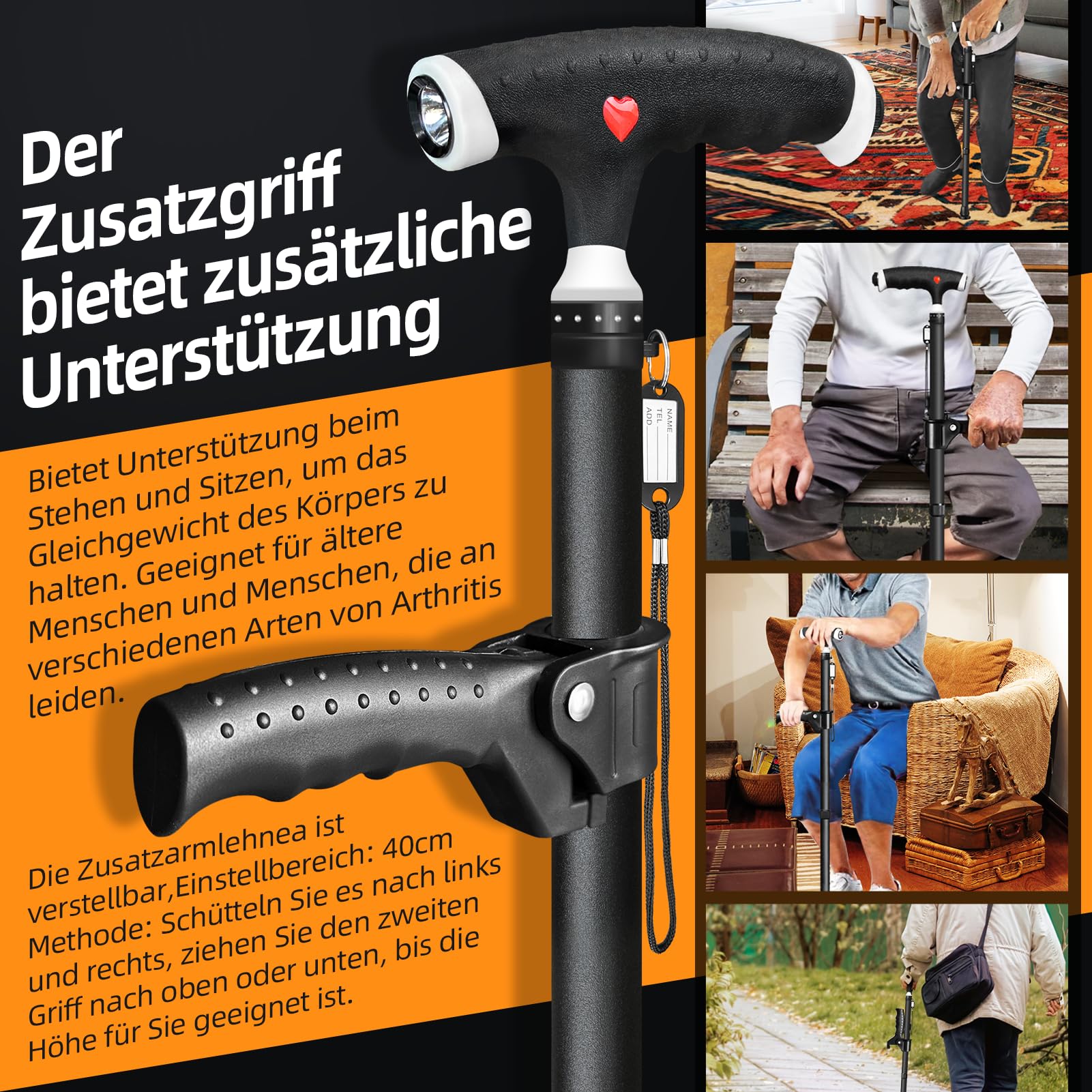Verstellbarer Gehstock für Herren und Damen Doppelgriff Verstellbarer, Gehstock mit LED-Licht, gehstöcke für senioren und Menschen mit verschiedenen Arten von Arthritis