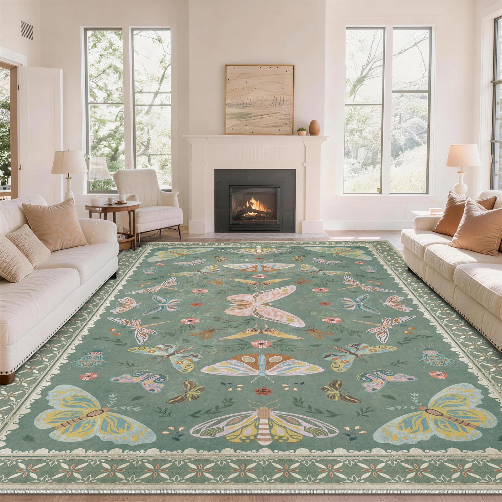 SOANNY Butterfly Rug Living Room, Soft Low Pile Washable Non Slip Area Carpet for Bedroom Kitchen Entryway Beside Sofa Office Dorm, Modern Stain Resistant Mat Floor Decor, 200x290 cm, Sage Green — image 1