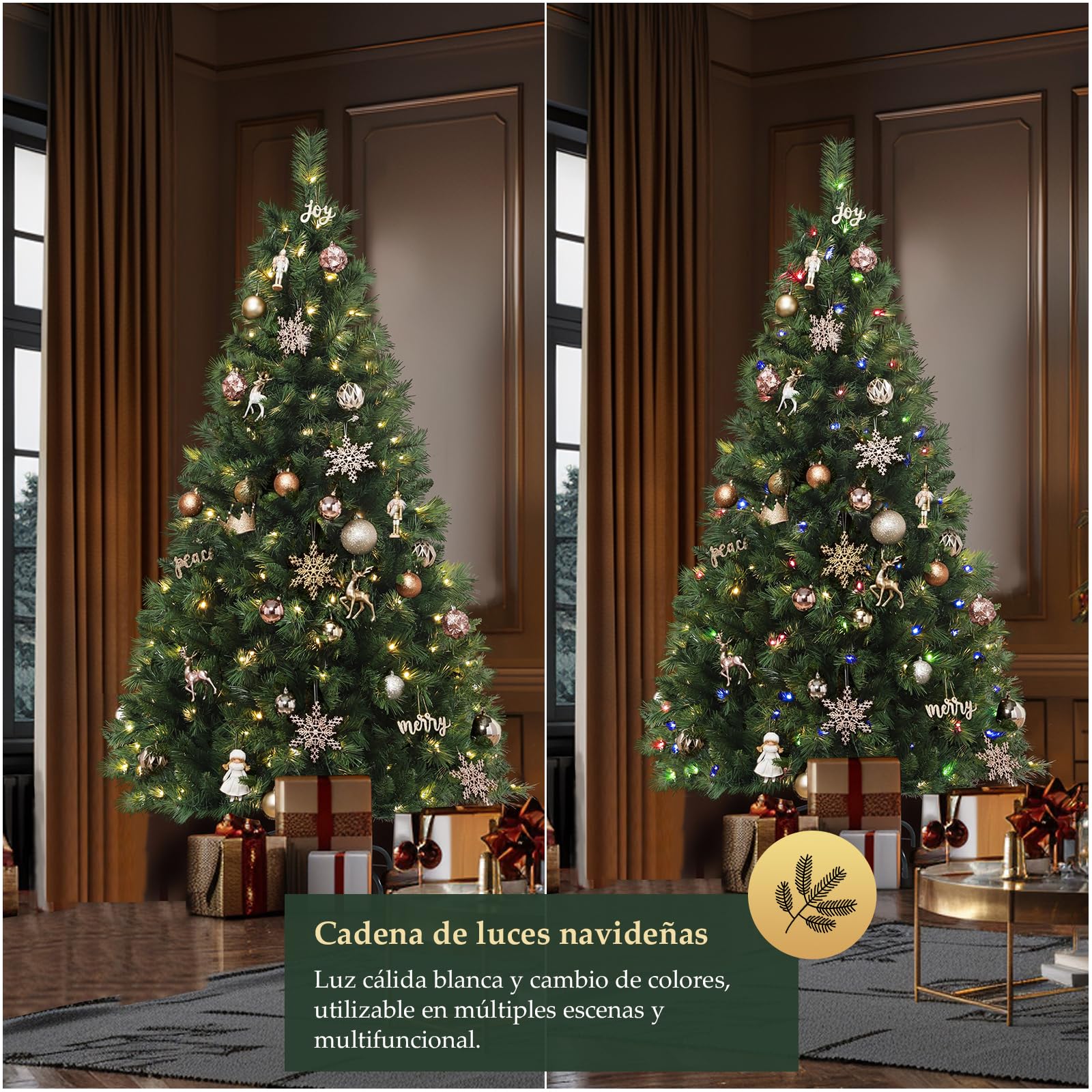 SALCAR Arbol de Navidad con Luces Incorporadas 180 cm, Árbol de Navidad Artificial con Guantes y 580 Puntas de Rama, Pino de Navidad con Soporte de Metal, Abeto, Ignífugo