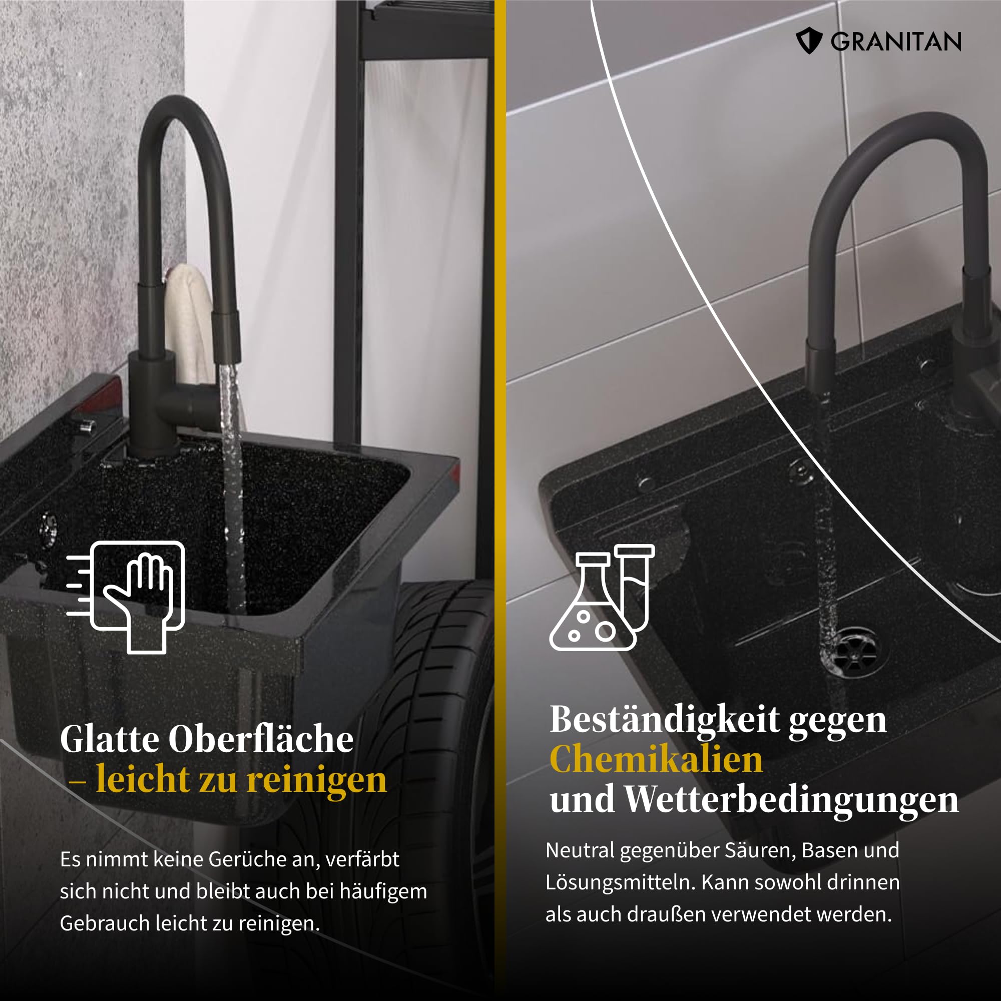 Ausgussbecken mit Mischbatterie undPlatz für Seifenspender Garage Keller Werkstatt und Waschküche - Universal Waschtrog mit Siphon - Waschbecken Wandmontage - 42x34x24 cm - Weiß - Granitan