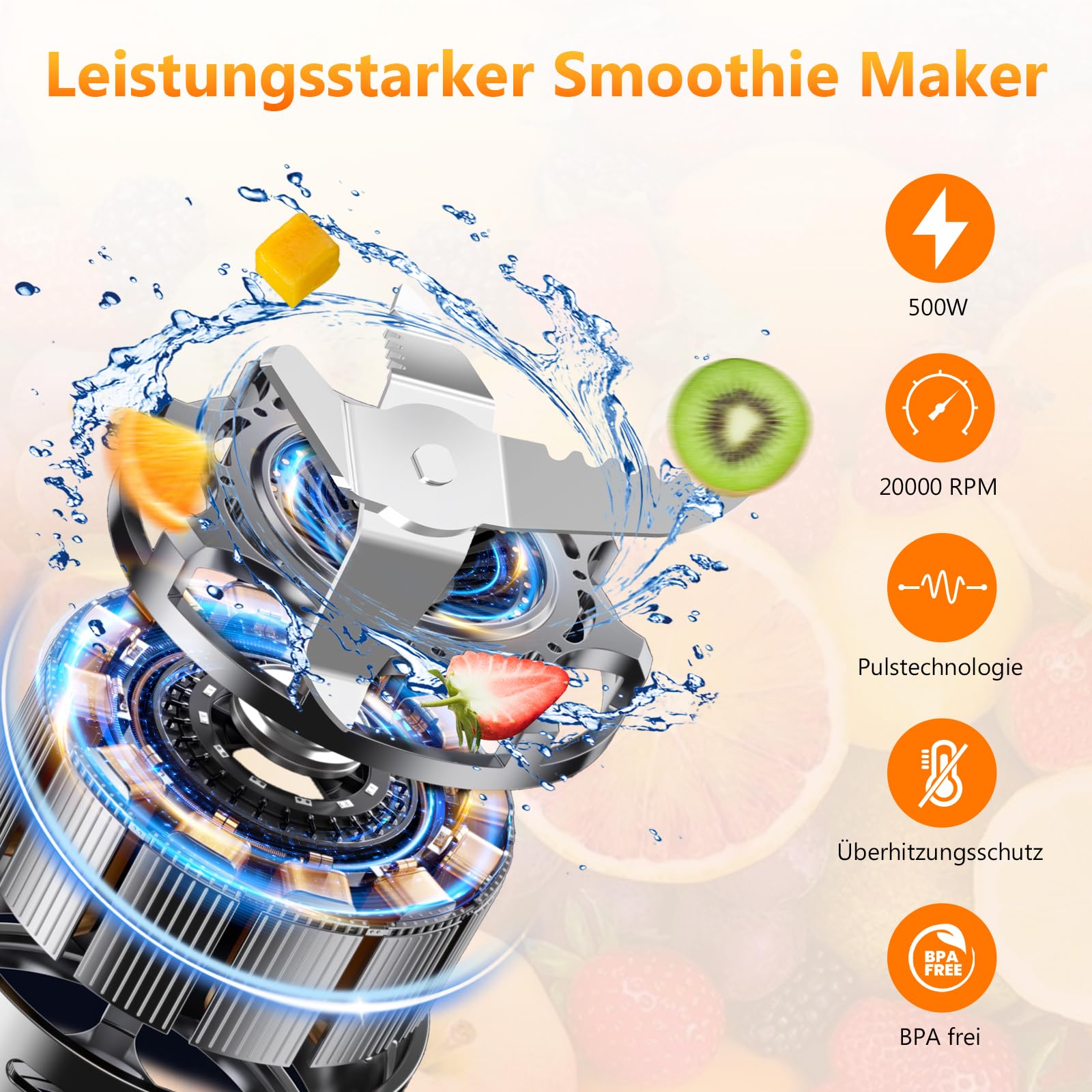 Mixer, Smoothie Maker, Standmixer, 500W Smoothie Mixer mit 2x570ml Smoothie Flaschen BPA frei Tritan,Tragbarer Blender Smoothie Maker aus Edelstahl 4-Klingen-System,für Jede Art von Shake und Smoothie