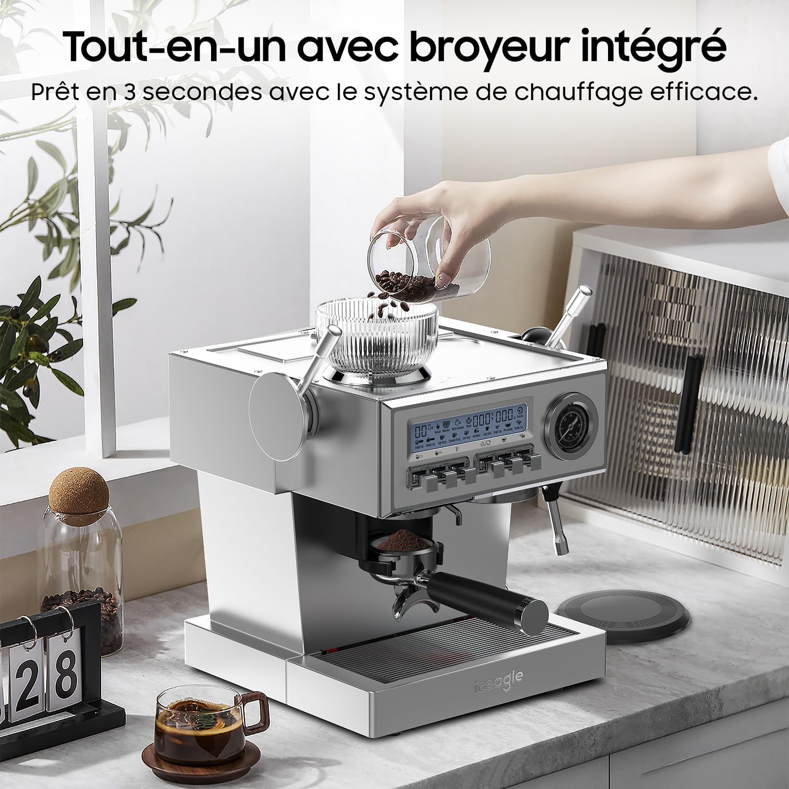 iceagle Machine expresso avec Pompe Italienne de 20 bar, Cafetière a Grain avec Broyeur, Machine à Café avec Mousseur à Lait, Kit Barista, 3 Températures, 25 Niveaux de Mouture, 1,6 litre, Acier Inox
