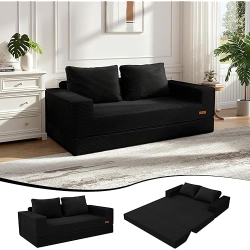 COMAX Convertible Sofa Bed Queen, Corduroy Folding Floor Couch Pull Out Couch Bed Futon Sleeper with Pillows, Fold Out Boneless Sofa Comfy Lounge Mattress Loveseat for Living Room Bedroom, Black
