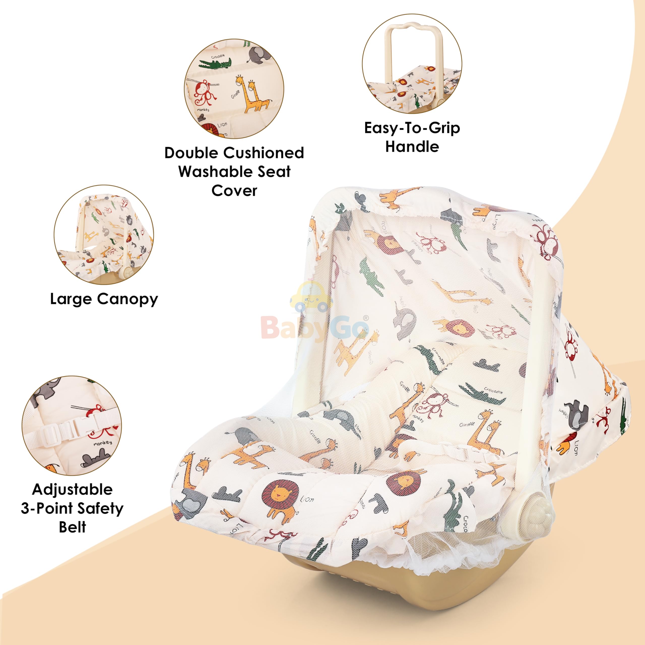 BabyGo 5-in-1 Baby Carry Cot & Rocking Chair with Adjustable Handle, Safety Belt, Large Canopy, Anti-Mosquito Net & Washable Double Cushion Seat for Newborns & Infants – Beige 4