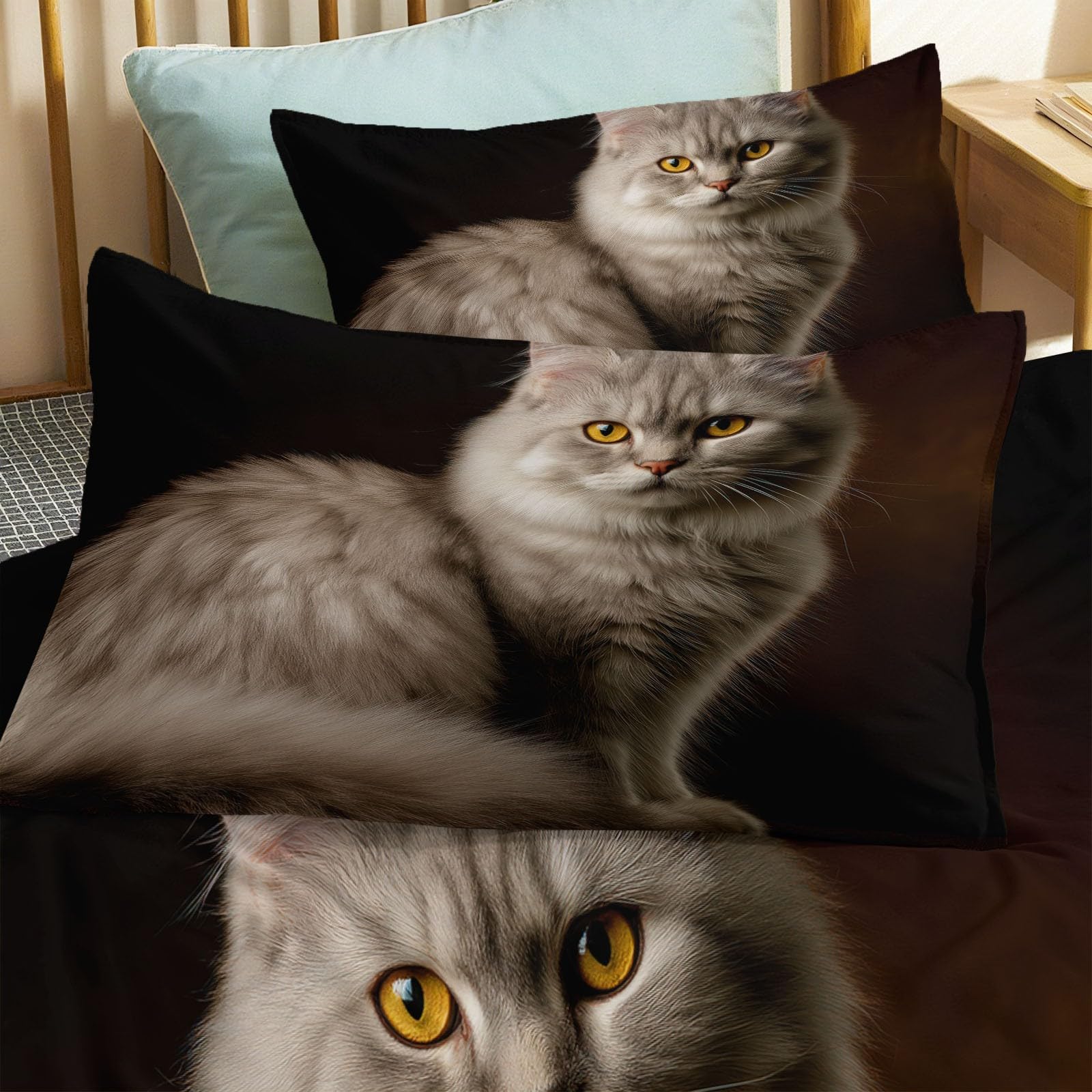 Générique Pościel dziecięca 140 x 200 cm Animal Maine Coon Poszwa na kołdrę Miękka i oddychająca mikrofibra, czarna pościel 1 osoba zapinane na zamek poszewki na poduszki 65x65cm