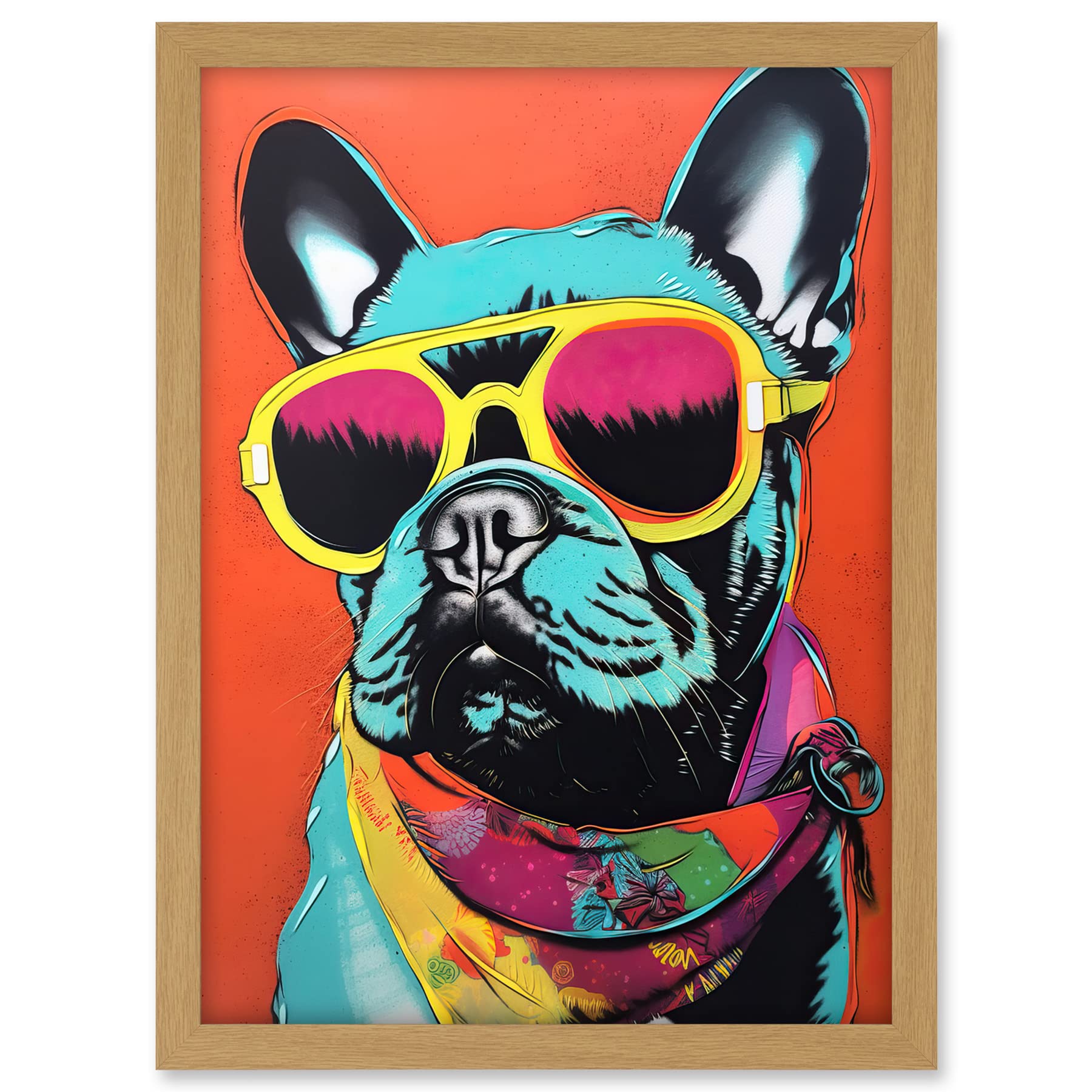 Artery8 French Bulldog Wearing Sunglasses and Bandana Artwork Framed A3 Wall Art Print