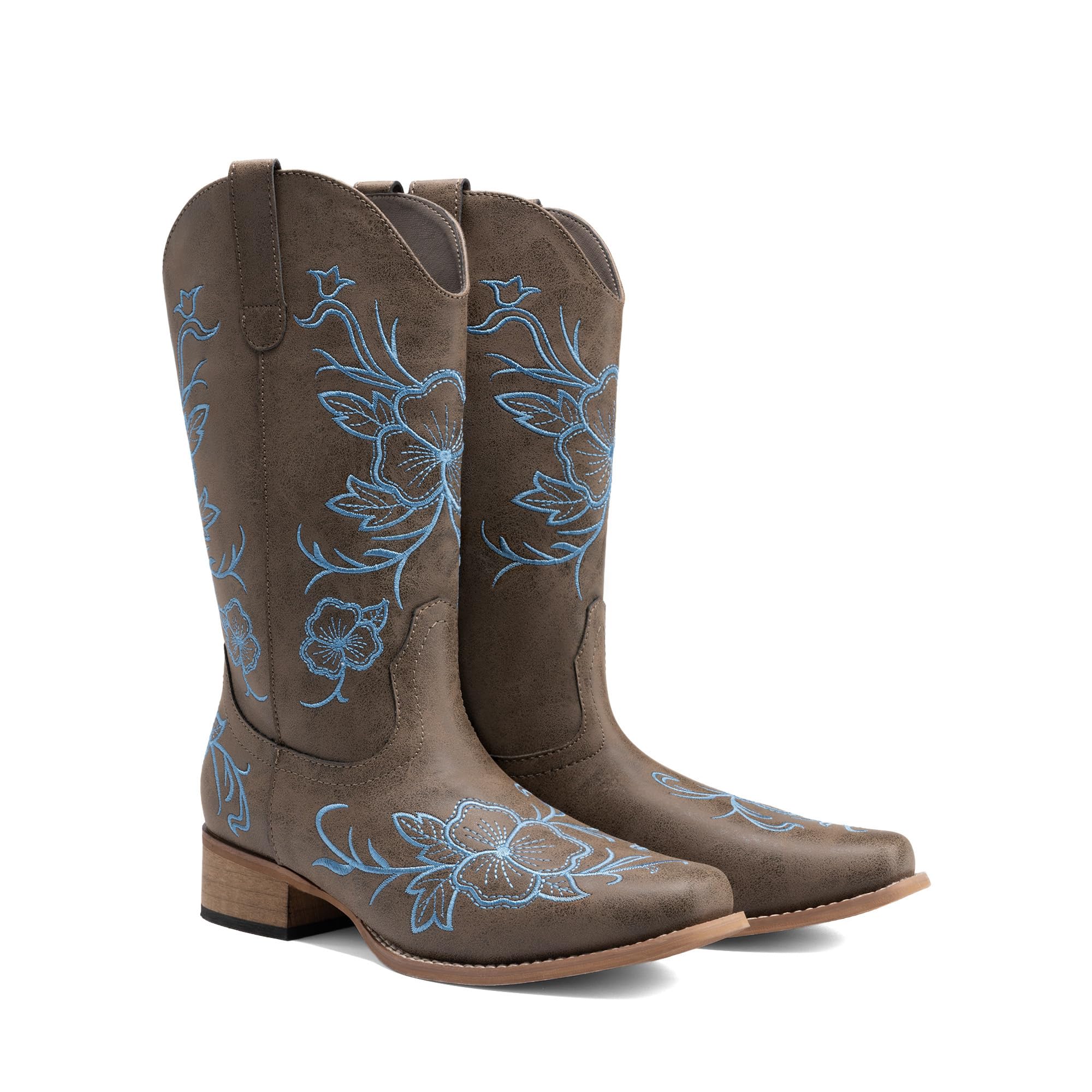 DREAM PAIRS Stivali da cowboy da donna con punta quadrata ricamata, tacco basso grosso, stile western, per festival di musica country, feste a tema e concerti, Marrone scuro, 41 EU