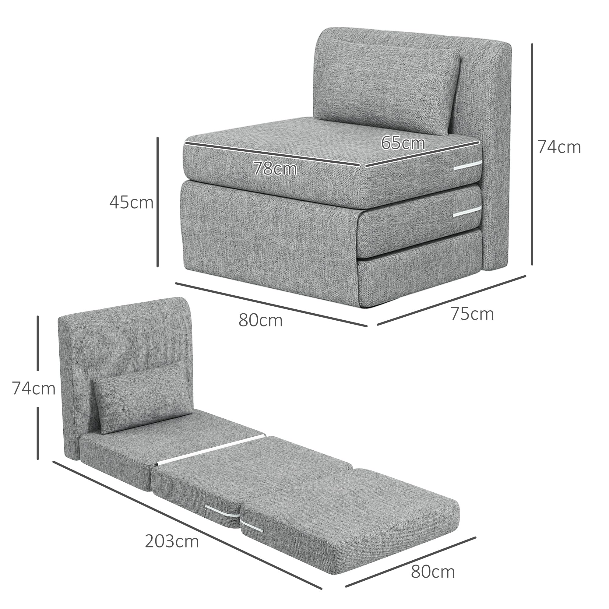 HOMCOM Fauteuil Convertible 1 Place Fauteuil Paresseux chauffeuse Une Place - Coussin Inclus, Matelas tri-dépliant - pour invités, Salon, Charge 240 kg, Tissu Lin Gris