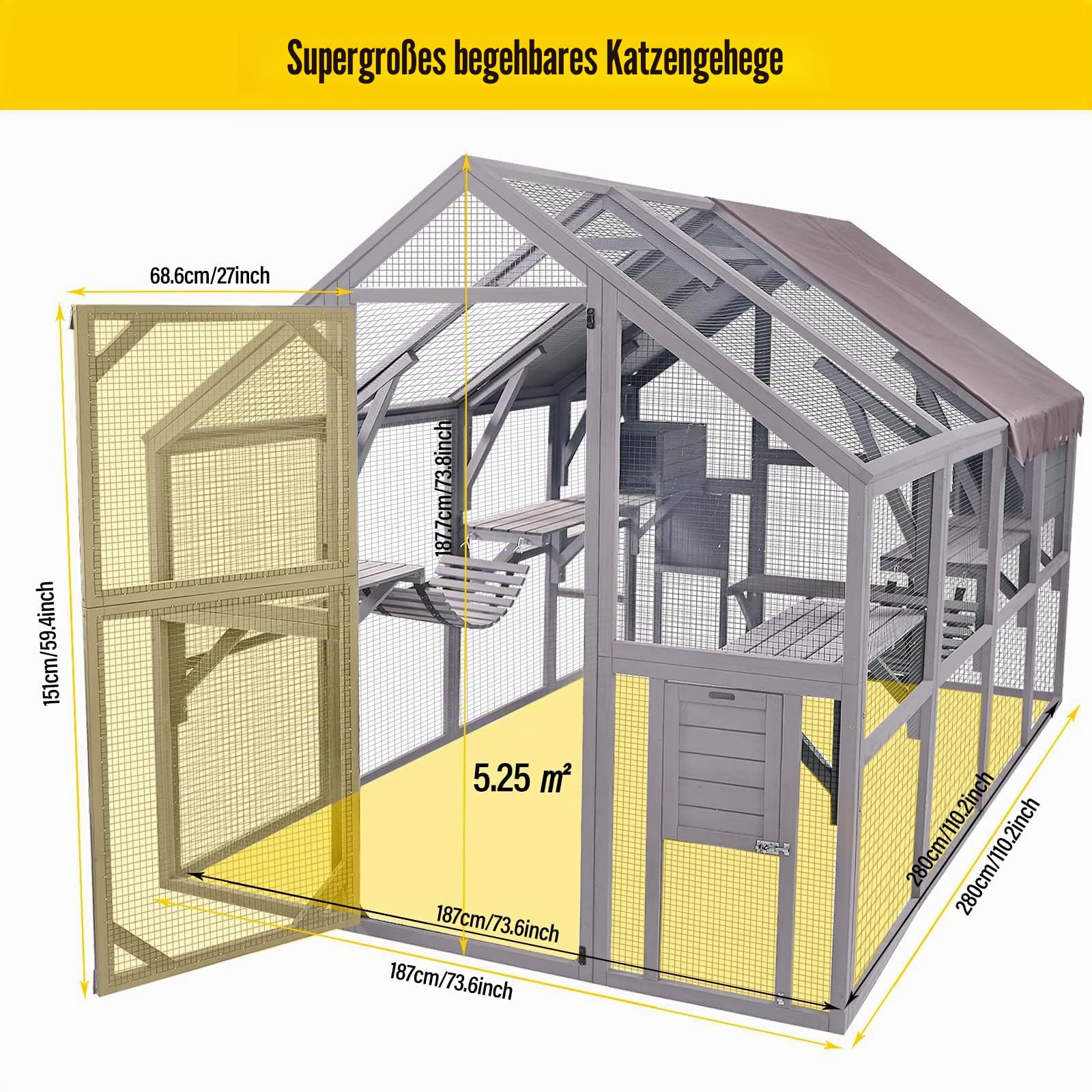 Großes Katzengehege aus Holz für Katzen, Terrasse, Outdoor, Katzenhaus mit Brücken, Spaziergänge, kleine Häuser, Dachabdeckung