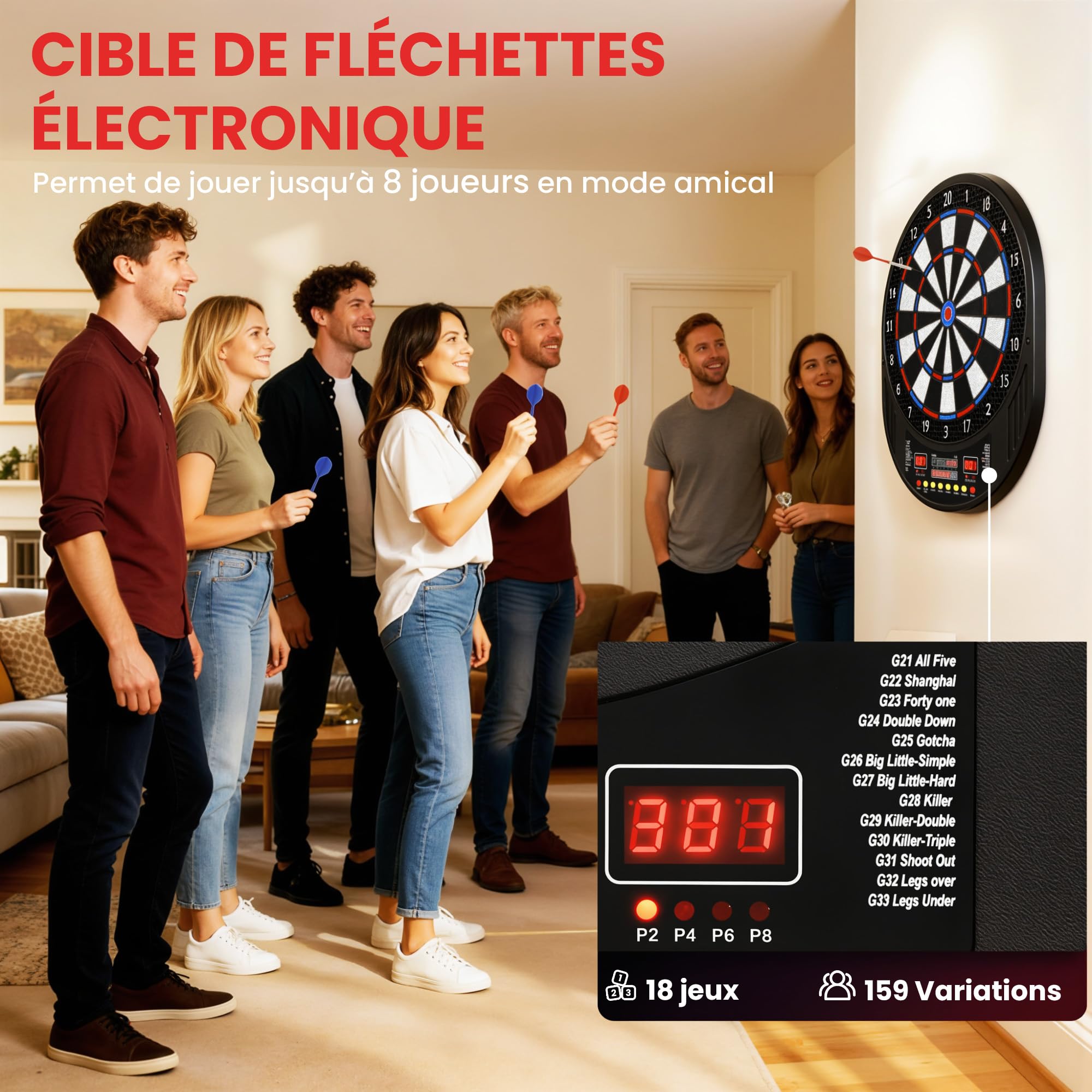 SPORTNOW Cible de fléchettes électronique à Pointe Souple avec Double écran LED, 6 fléchettes, 24 Pointes de Rechange, 33 Jeux, 202 Variantes, pour 8 Joueurs
