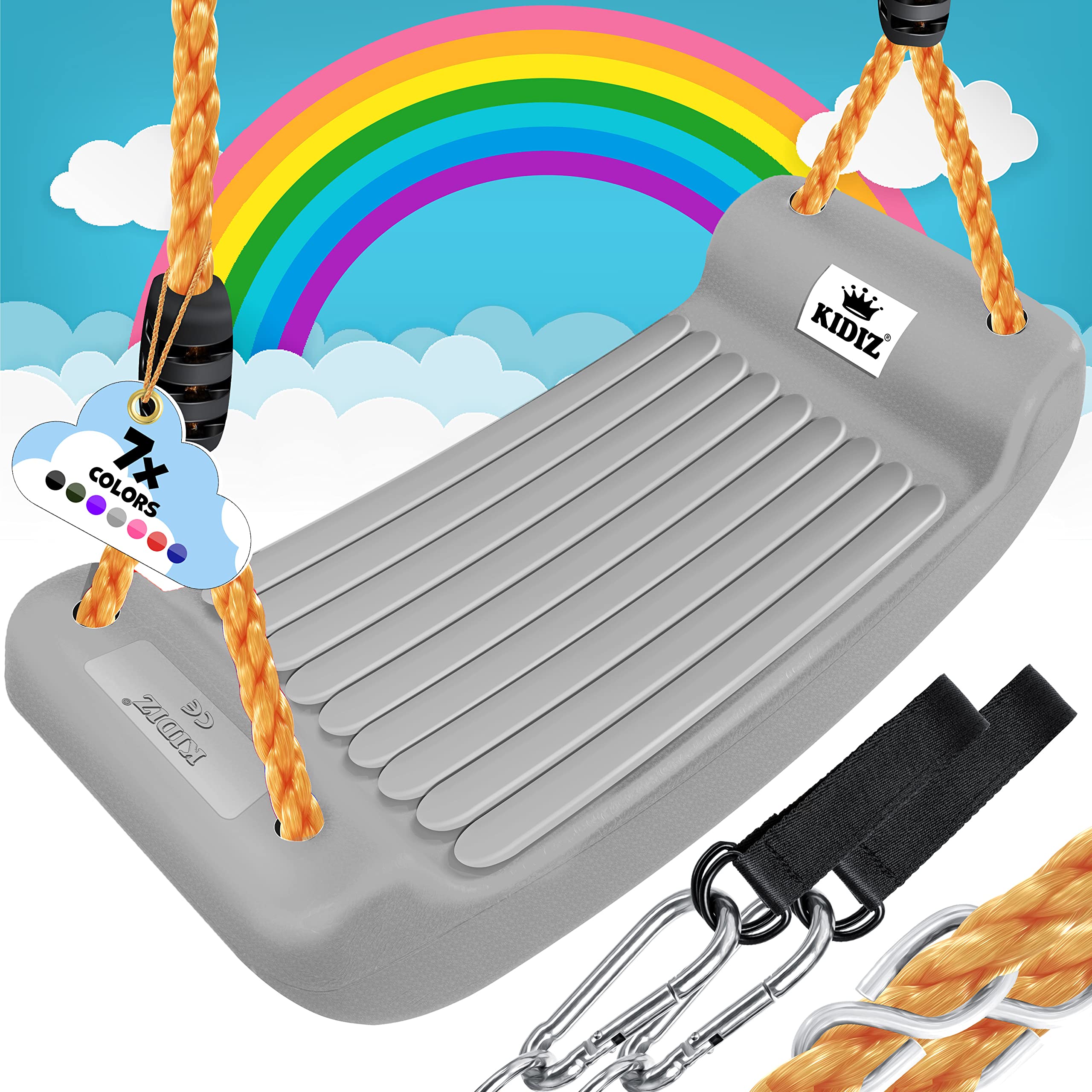 KIDIZ® Schaukel Garten Kinderschaukel Outdoor & Indoor Schaukelsitz | Schaukelbrett Set inkl. Zubehör | Brettschaukel für Kinder zum Schaukeln aus Kunststoff | höhenverstellbar & rutschfest, Grau