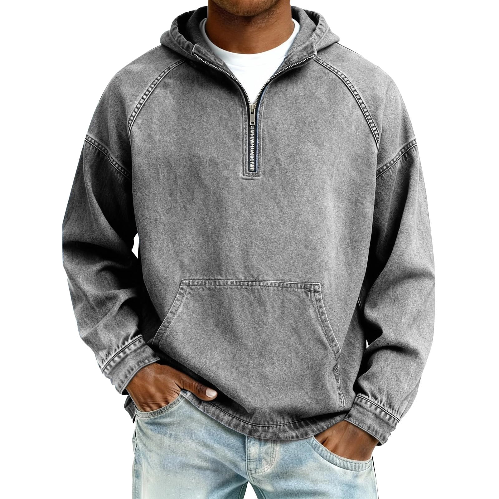 Felpa con cappuccio da uomo, colore bianco e grigio | Felpa con cappuccio a maniche corte, da uomo, estiva, nera, con cerniera, Y2k, taglia M