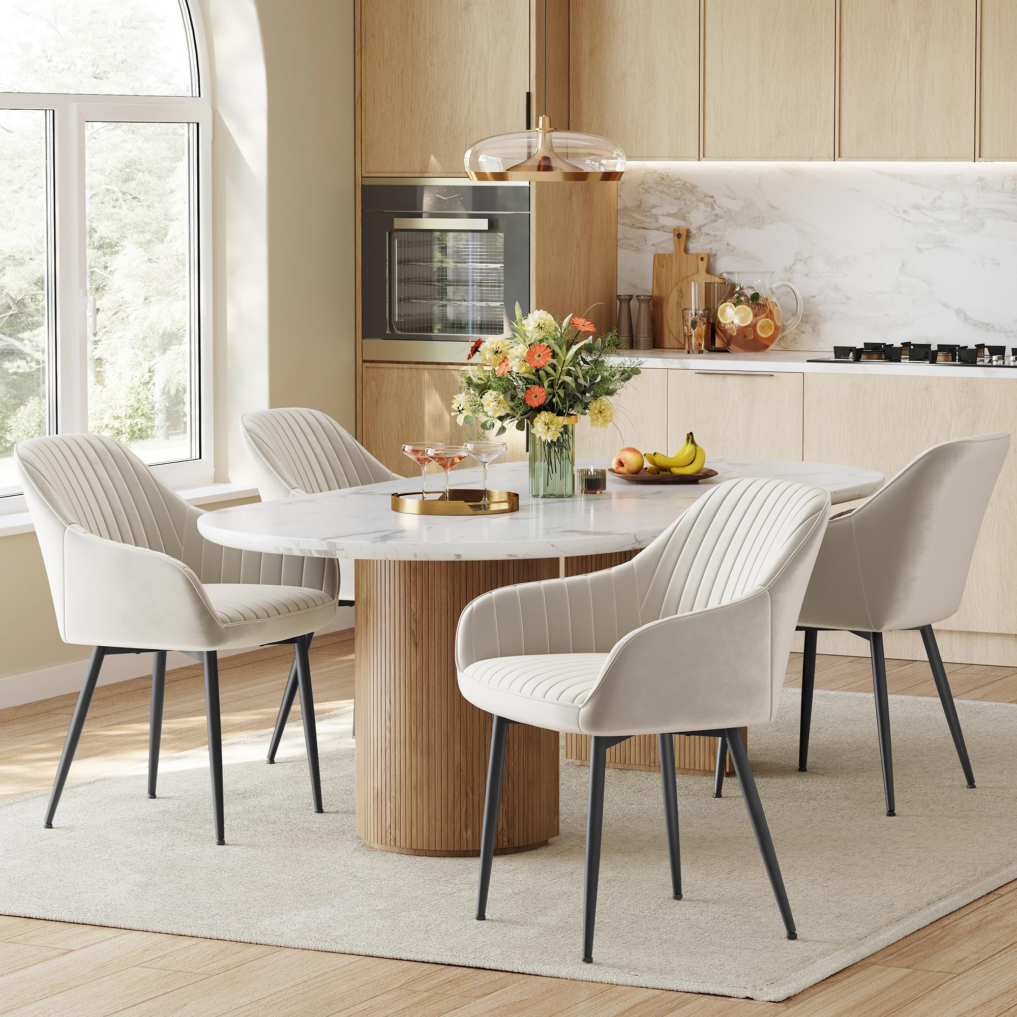 SONGMICS Dining Chair, Kitchen Chair, Velvet Armchair, Upholstered with Armrests, Max. Load 120 kg, Metal Legs, for Dining Room, Lounge, Cappuccino Beige and Ink Black LDC087LH01 — view 4