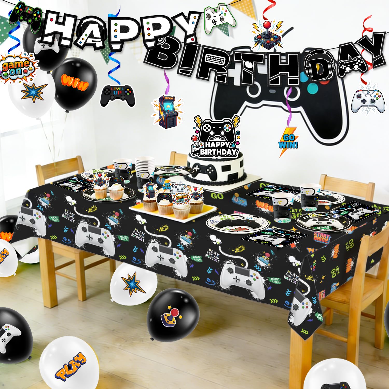 Forniture per Feste per Videogiochi,111 Pezzi Videogiochi Set di Decorazioni Stoviglie Piatti Compleanno Tovaglioli Tovaglia Palloncini Banner etc Decorazione Festa a Tema di Videogiochi