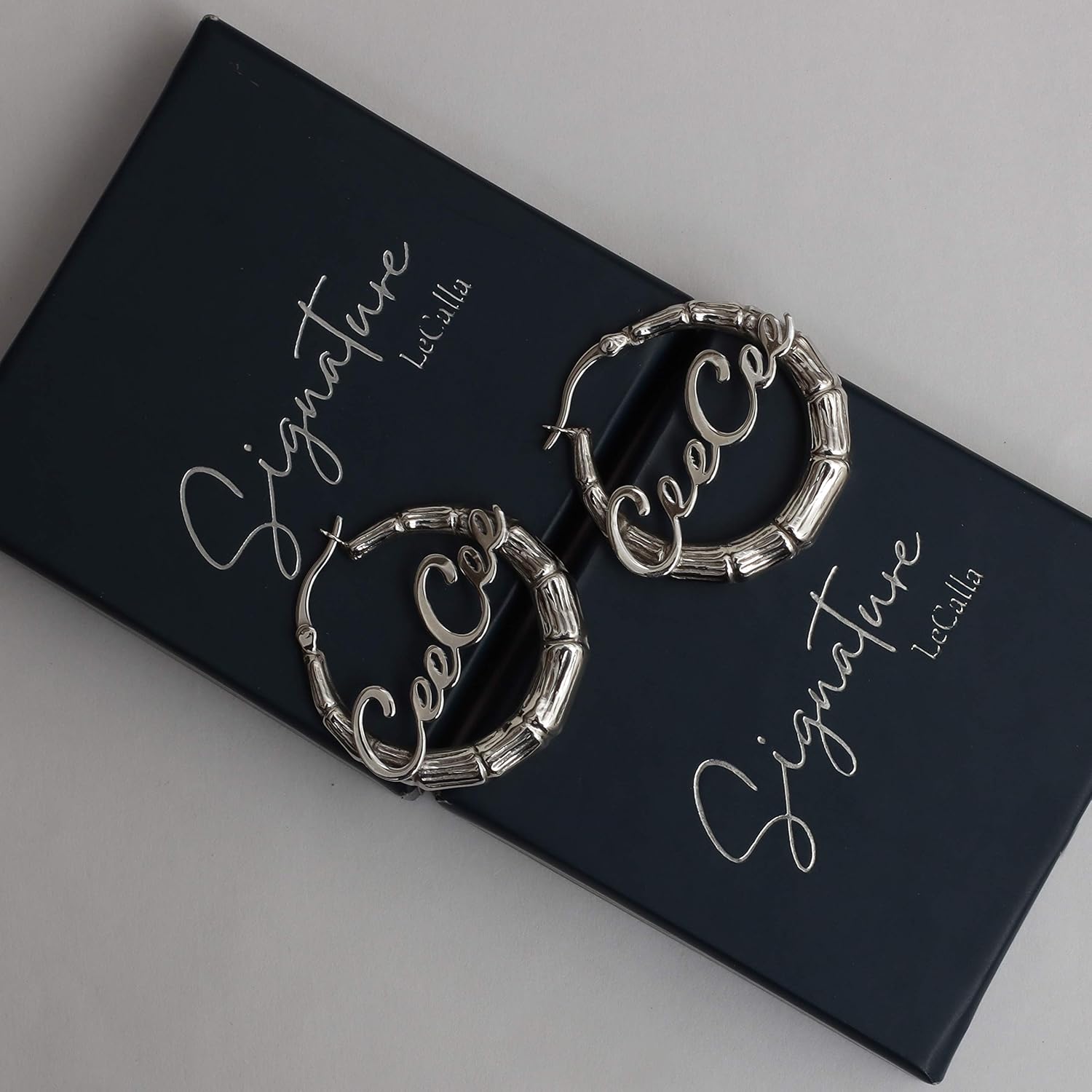 LeCalla Signature Sterling Silver Bamboo Hoop Earrings, Personalized Gifts for Mom, Hypoallergenic