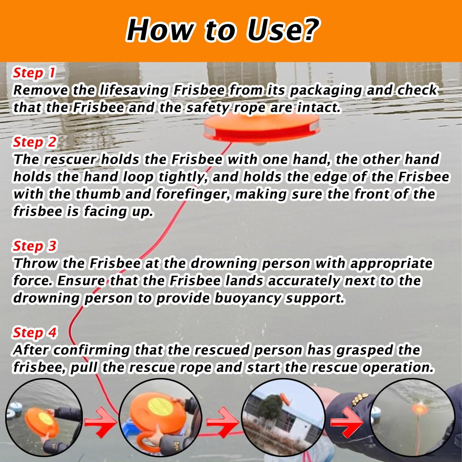 frisbee de rescate Frisbee De Rescate Para Ahogados, Frisbee Salvavidas Para Niños, Naranja De Alta Visibilidad, Dispositivos De Rescate Para Piscinas, Larga Distancia Con Cuerda De 40 M, Plástico ABS