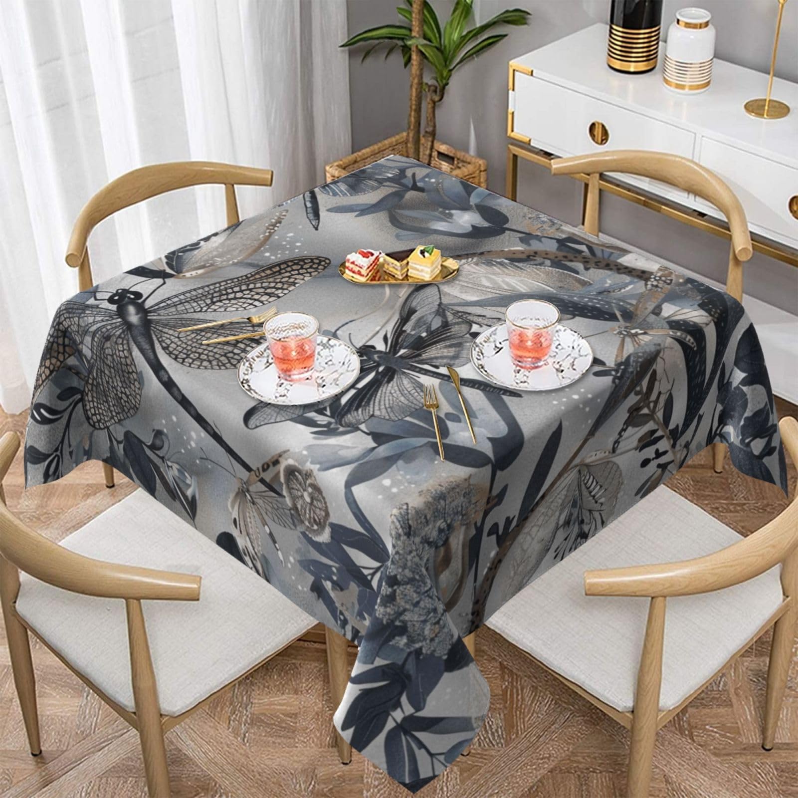 WPKJU Dragonflies Grey Printed Square Tablecloth 54x54 inch Water Resistant Table Cover Washable Rectangle Table Cloth for Dining Tables