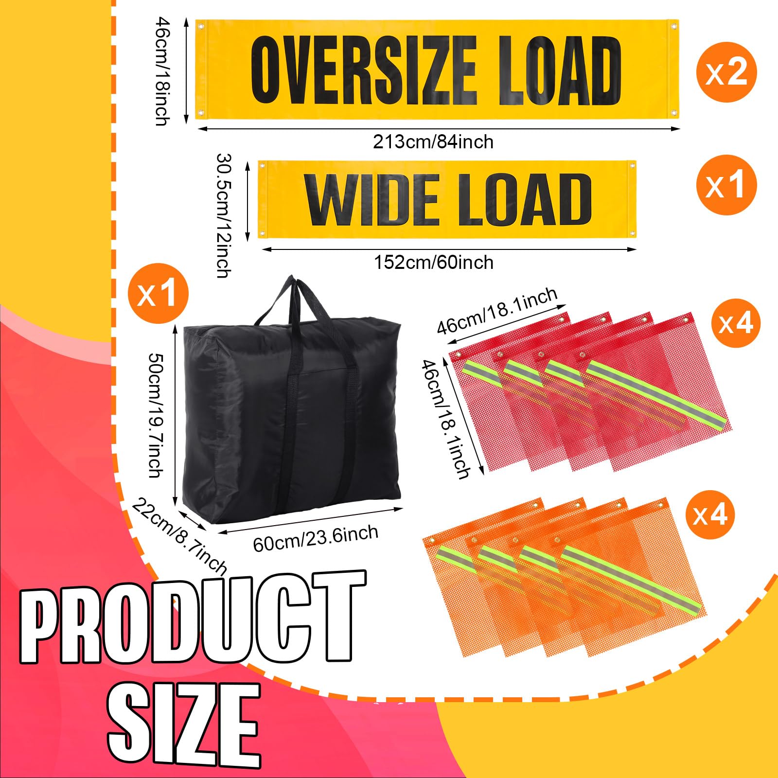 Hahafelt El kit de banderas de seguridad de 12 piezas incluye 2 carteles de carga grande y 1 pancarta de carga ancha, 8 advertencias de bandera roja y naranja, 1 bolsa para construcción de cruces