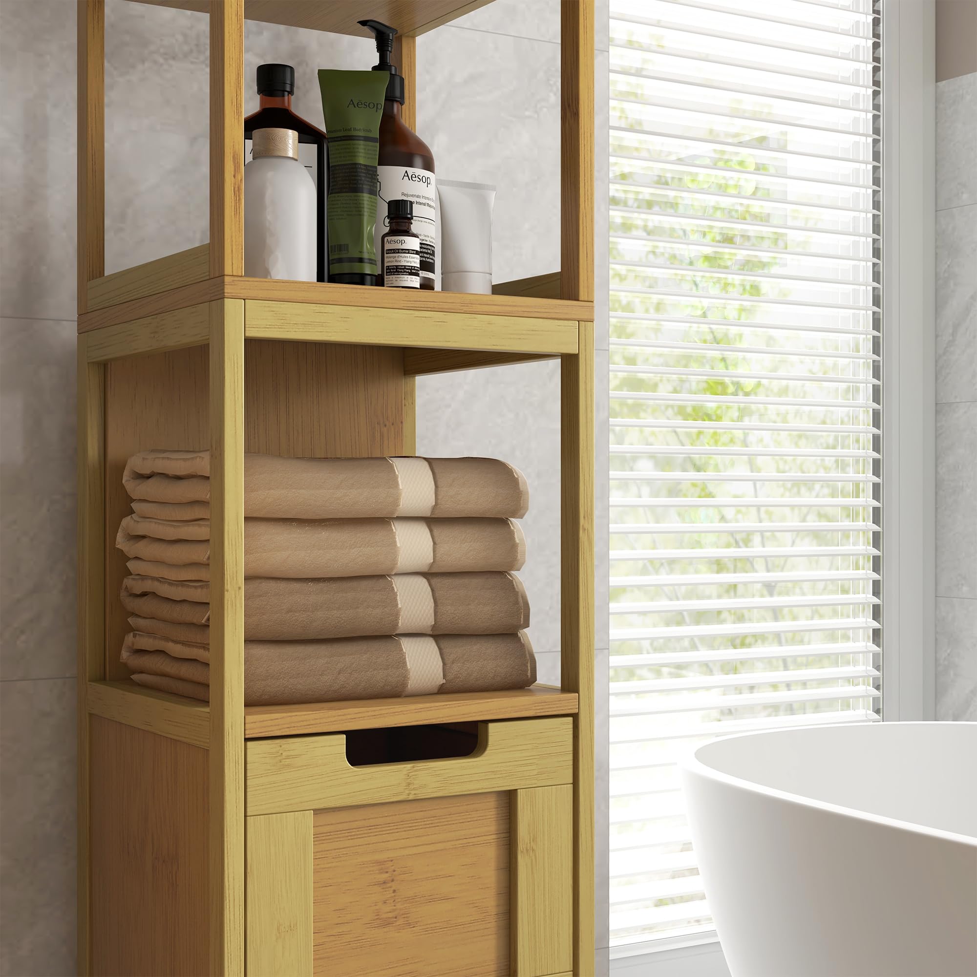 kleankin Armario de Baño Alto, Columna de Baño Estrecha con 3 Estantes y 2 Cajones de Bambú, Estilo Moderno, 30x30x144,3 cm, Natural