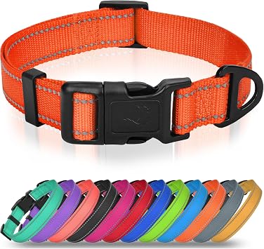 Joytale Dog Collars for Medium Dogs, Comfortable Double-Sided Reflective Nylon Collar for Night Safety, Adjustable Quick-Release for Active Pets, Orange, M 1" Width