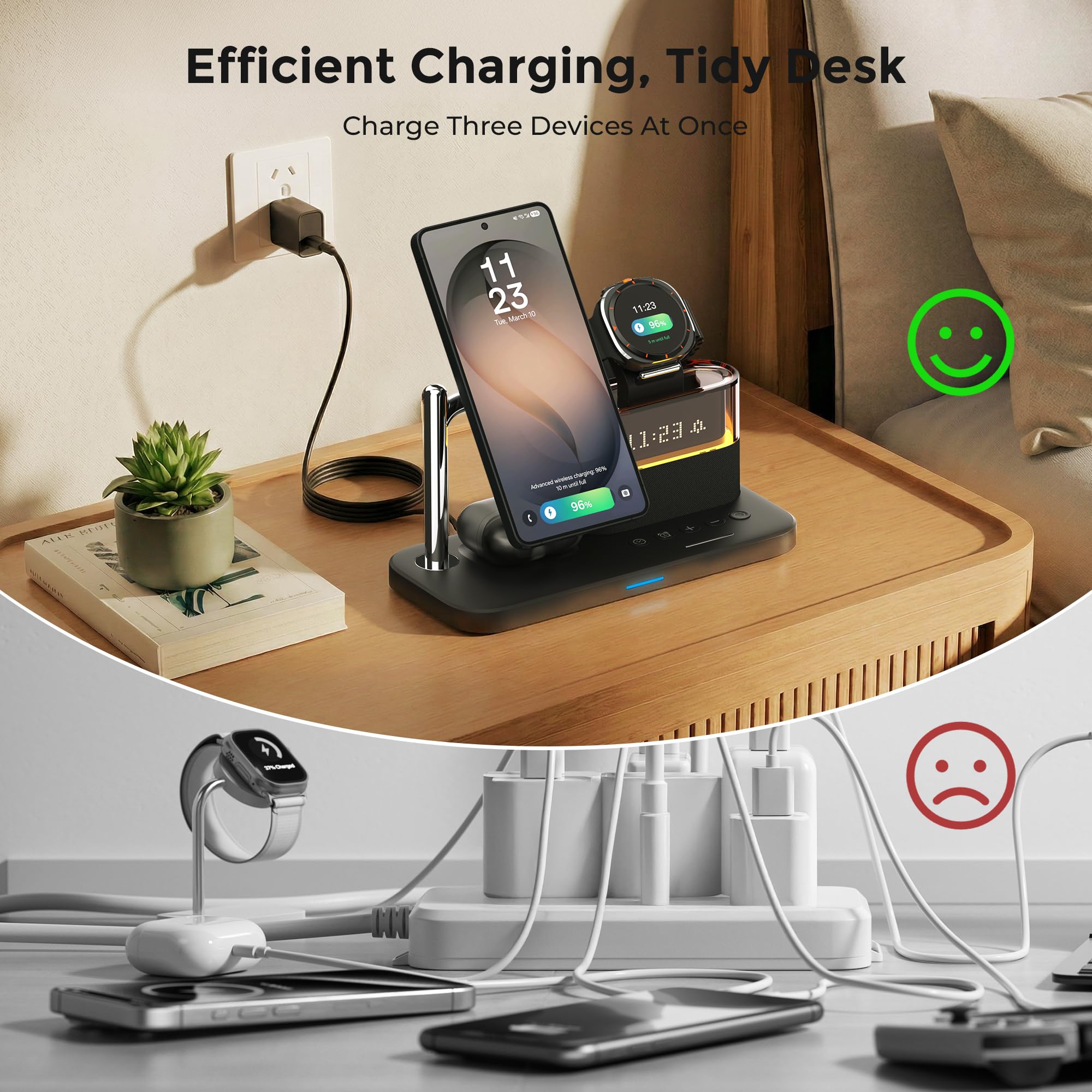 3 in 1 stazione di ricarica wireless per Samsung Galaxy S25/S24/S23/S22 m. anello magnetico, caricatore rapido per Samsung con sveglia e luce notturna, supporto di ricarica senza fili incluso