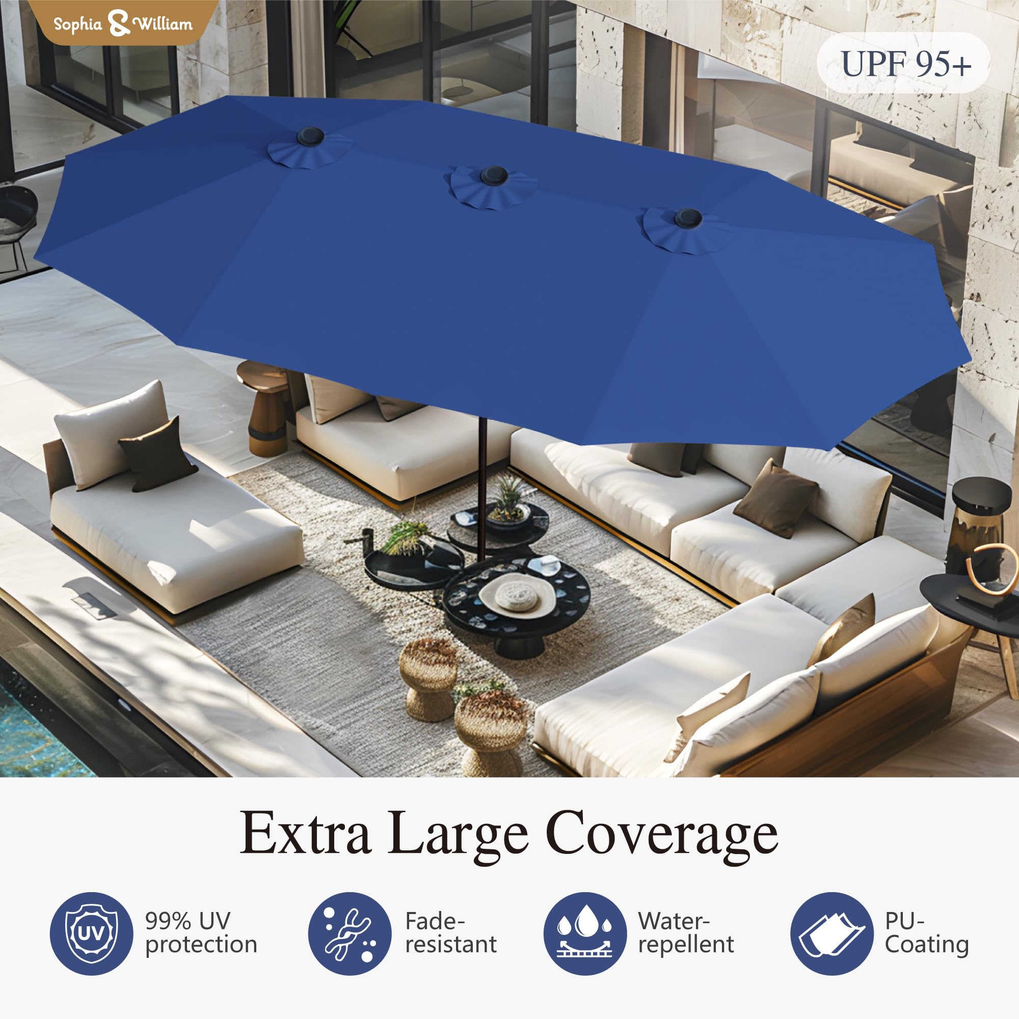 Sophia & William 15 ft Extra Large Patio Umbrella with Base Included, Rectangular Outdoor Umbrella Heavy Duty, Market Umbrella Double-sided Fade Resistant for Pool Garden Backyard, Haze Blue