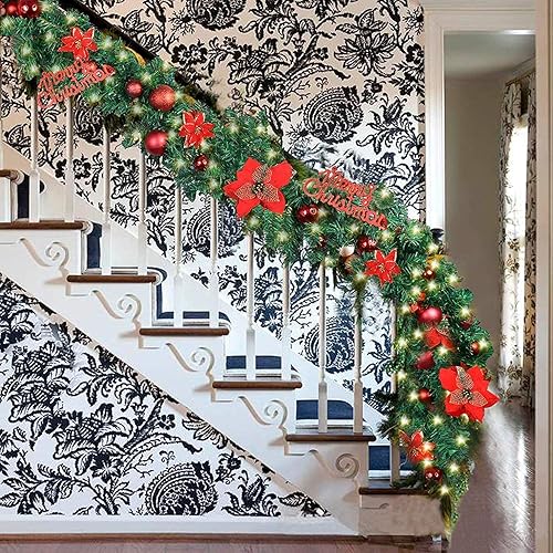 Vista 3 de Guirnalda de Navidad iluminada – 8.8 pies, de ratán, de Navidad, flores artificiales y vid artificiales de Navidad, con luces, funciona