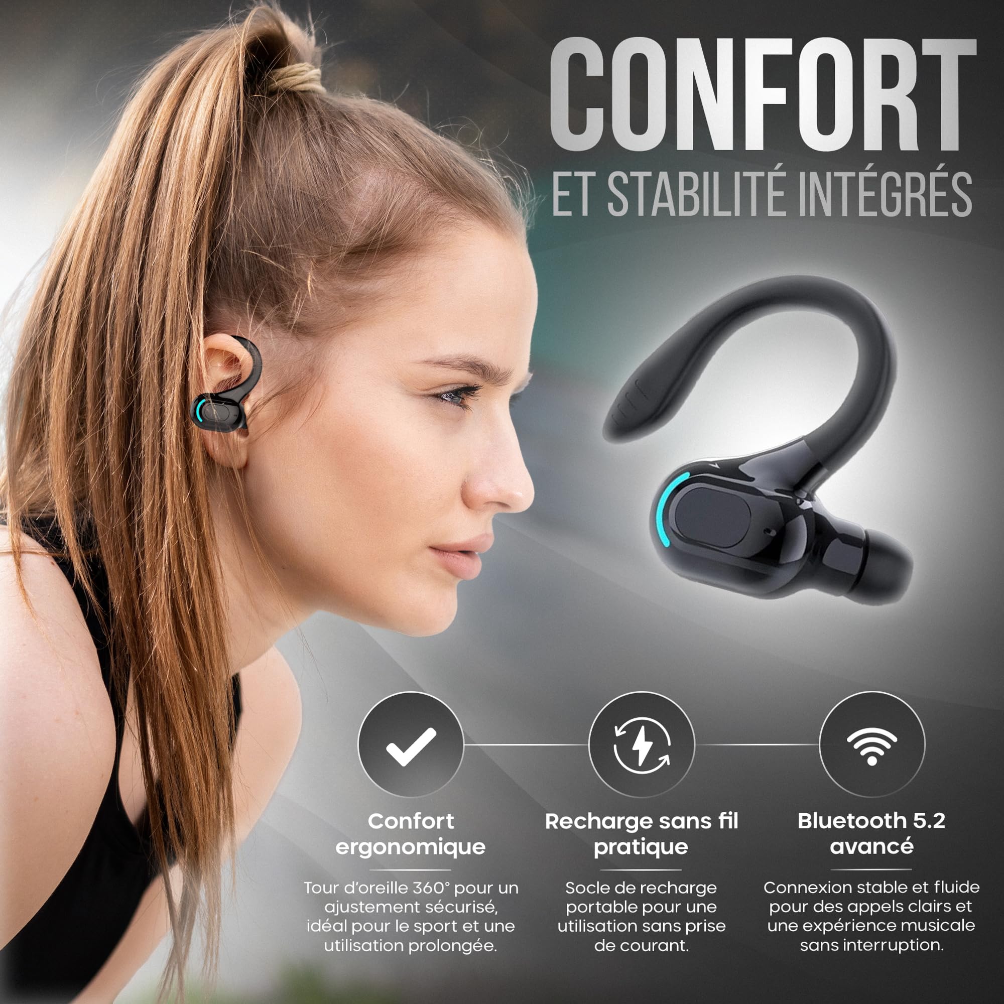 Oreillette Bluetooth 5.2 DOMIKIT Mono Avec Micro - 20h Autonomie, Tour D'Oreille 360° Pour IPhone Android PC