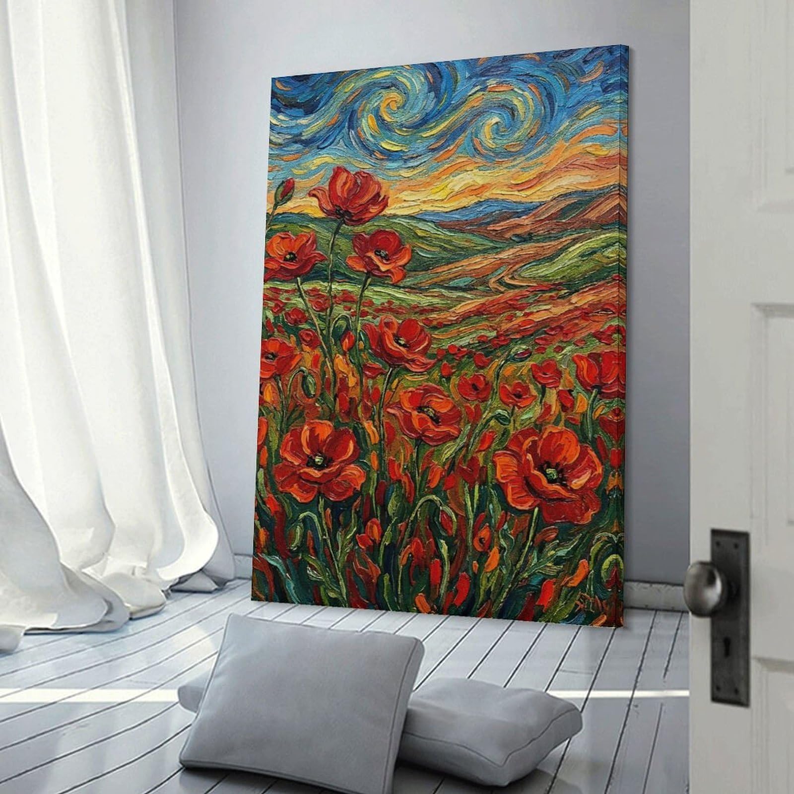 Junmoney Room Decor Wall Art Poppy Field Painting, 20x30inch(50x75cm), for Entrance Spaces, Stair Walls Or Halls, Home Artwork for First Impressions