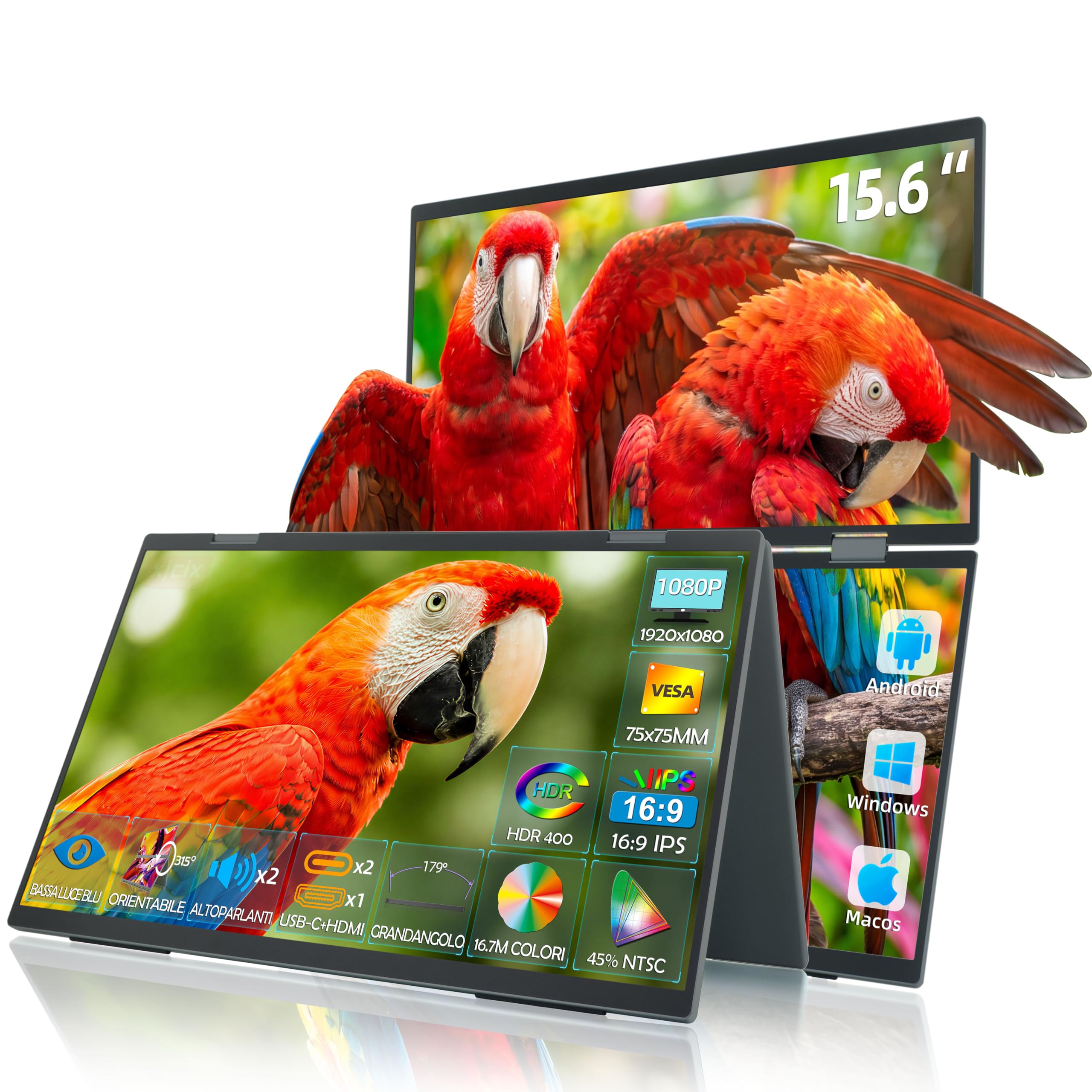 15,6 Pollici Monitor Triplo Portatile 1080P FHD Max 1920x2160 IPS USB-C HDMI Plug & Play Secondo Estensore Laptop Schermo Esterno per Multitasking Ufficio Casa Viaggi -Nero